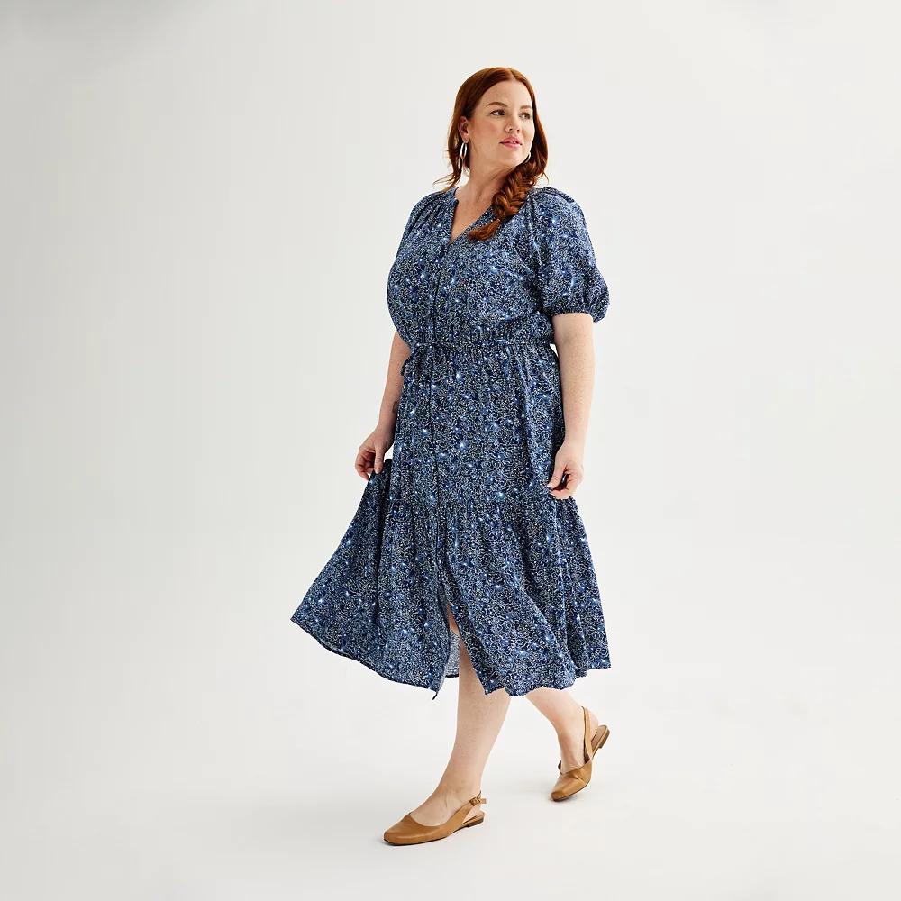 Plus Size Sonoma Goods For Life® Puff Sleeve V-Neck Tiered Midi Dress, Women's, Size: 4XL, Blue Navy Floral Product Image