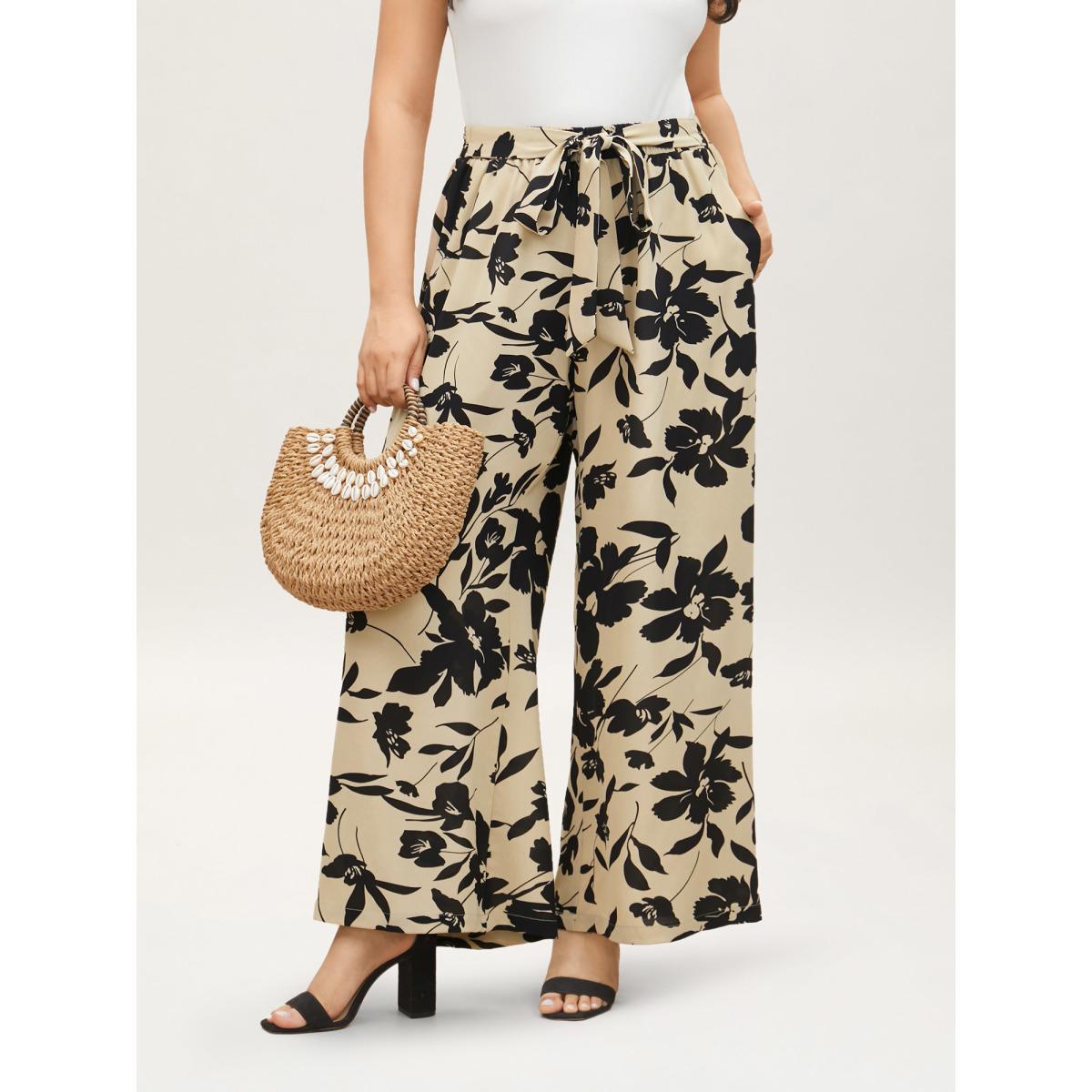 Plus Size Silhouette Floral Print Ties Side Seam Pocket Pants Women Champagne Elegant Wide Leg High Rise Everyday Pants BloomChic 10/M Product Image
