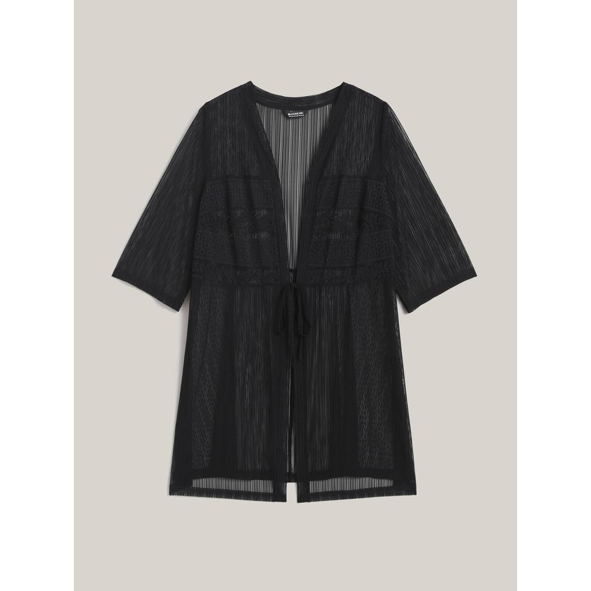 Plus Size Sheer Lace Detail Tied Kimono Cardigan Women Black Resort Tie knot Vacation Kimonos BloomChic 22-24/3X Product Image