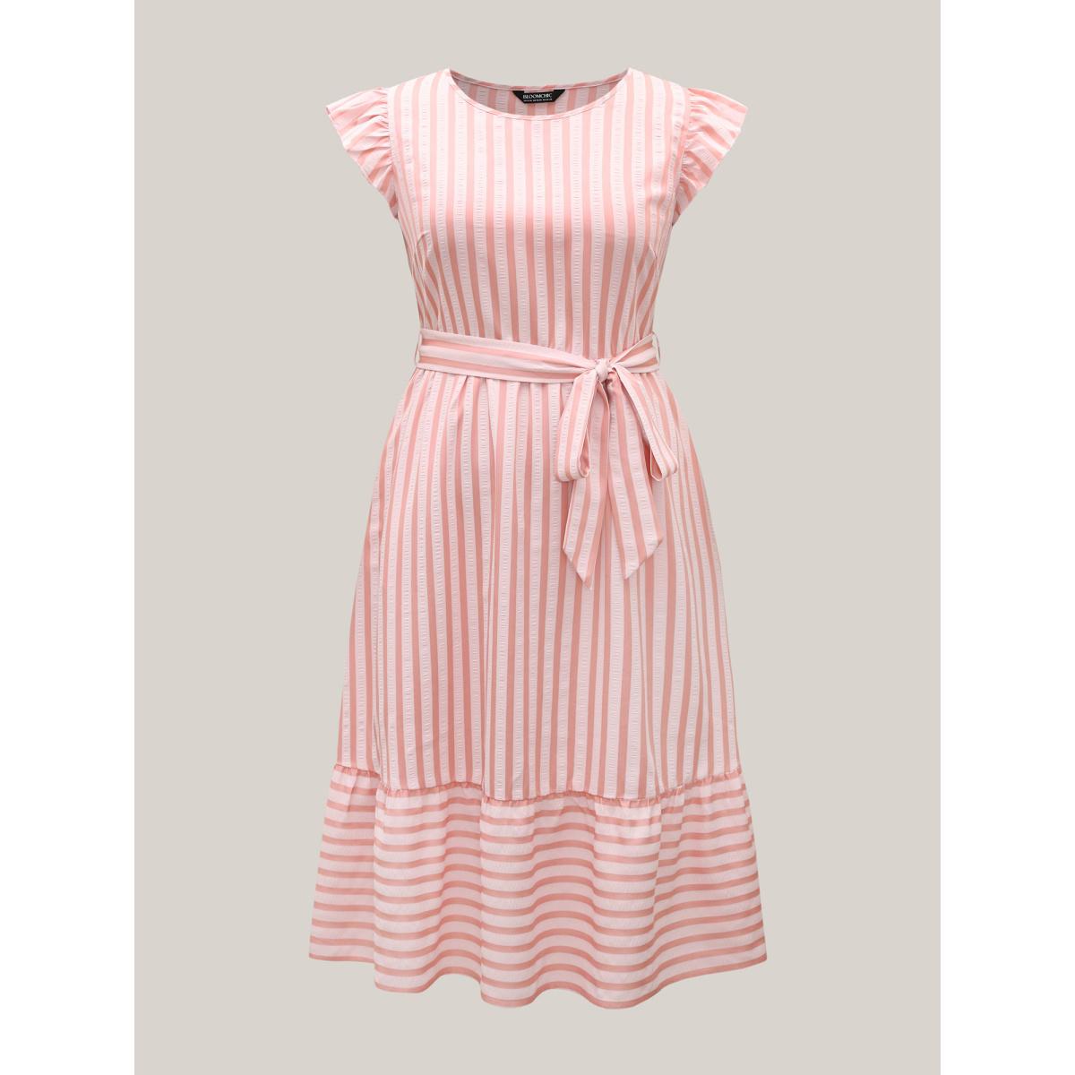 Plus Size Pastel Stripes Belted Pockets Midi Dress Multicolor Women Timeless Belted Round Neck Cap Sleeve Curvy BloomChic 26/4X Product Image
