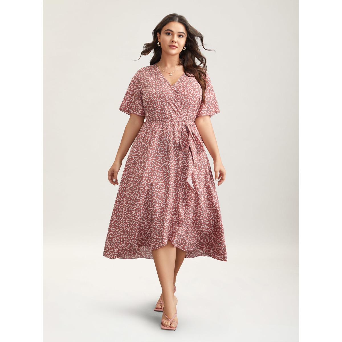 Plus Size Ditsy Floral Print Stretchy-Waist Ruffle Midi Dress DustyPink Women Elegant Overlapping Overlap Collar Short sleeve Curvy BloomChic 26/4X Product Image