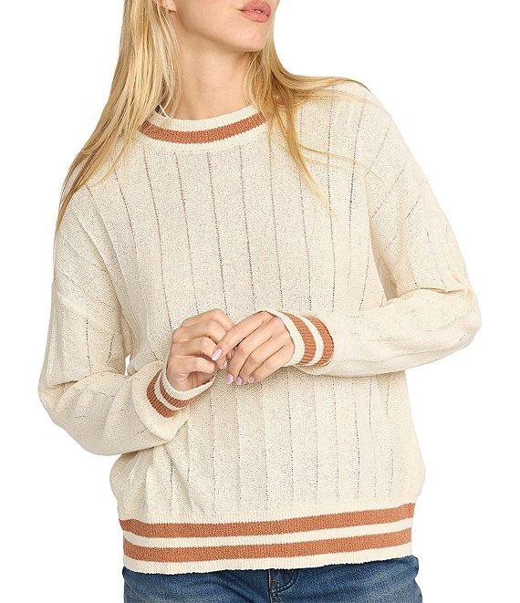 Billabong Classic Days Striped Trim Long Sleeve Open Weave Loose Knit Sweater Product Image