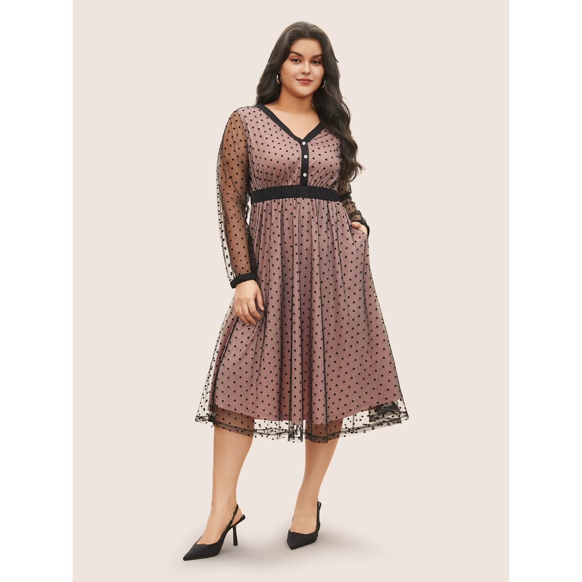 Plus Size Flocking Polka Dot Tiered Mesh Dress DustyPink Women At the Office Non V-neck Long Sleeve Curvy Midi Dress BloomChic 12/L Product Image