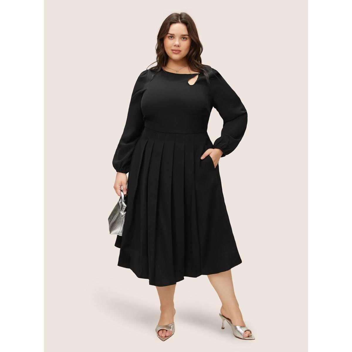 Plus Size Anti-Wrinkle Asymmetrical Neck Keyhole Pleated Hem Dress Black Women At the Office Non Asymmetrical Neck Long Sleeve Curvy Midi Dress BloomChic 10/M Product Image