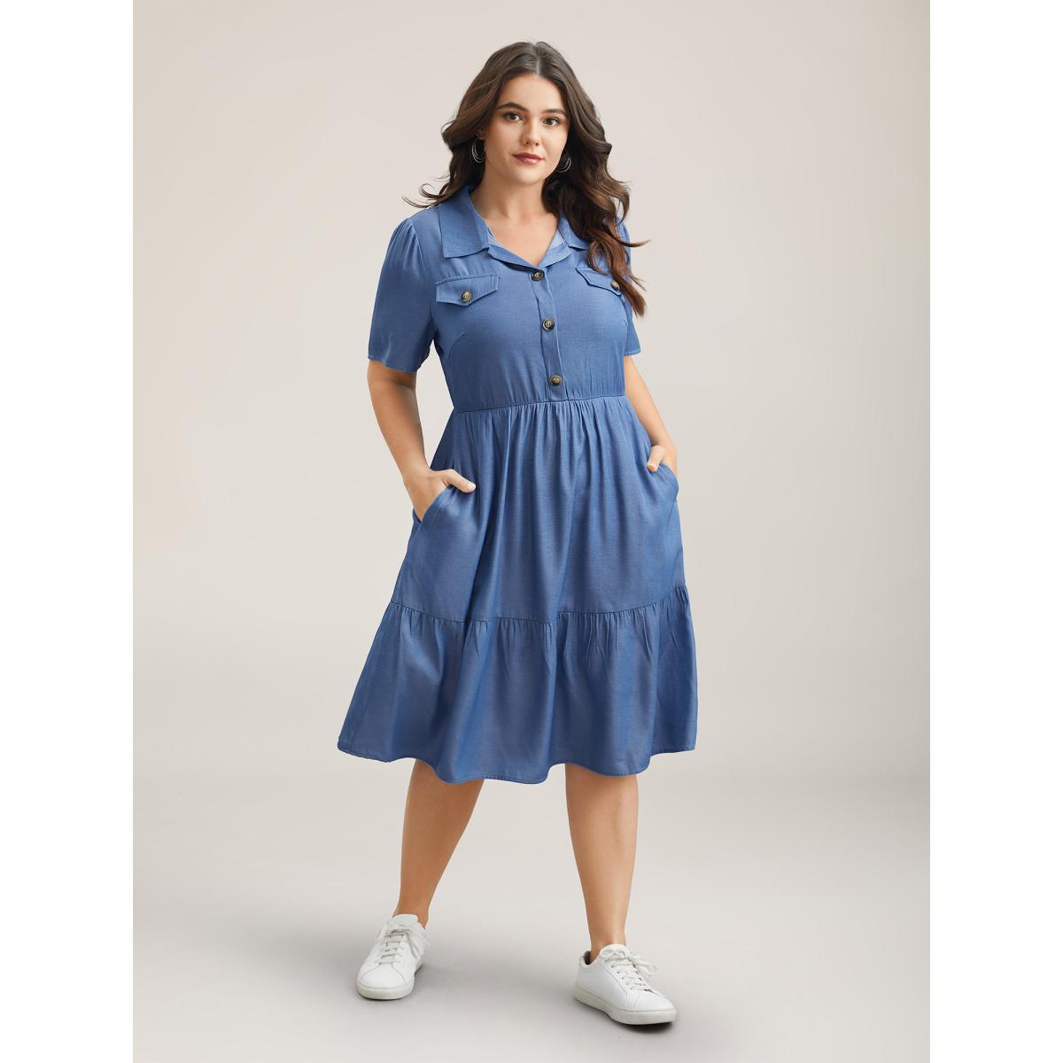 Plus Size Fake Denim Stretchy-Waist Placket Midi Dress LightBlue Women Casual Button Shirt collar Short sleeve Curvy BloomChic 10/M Product Image