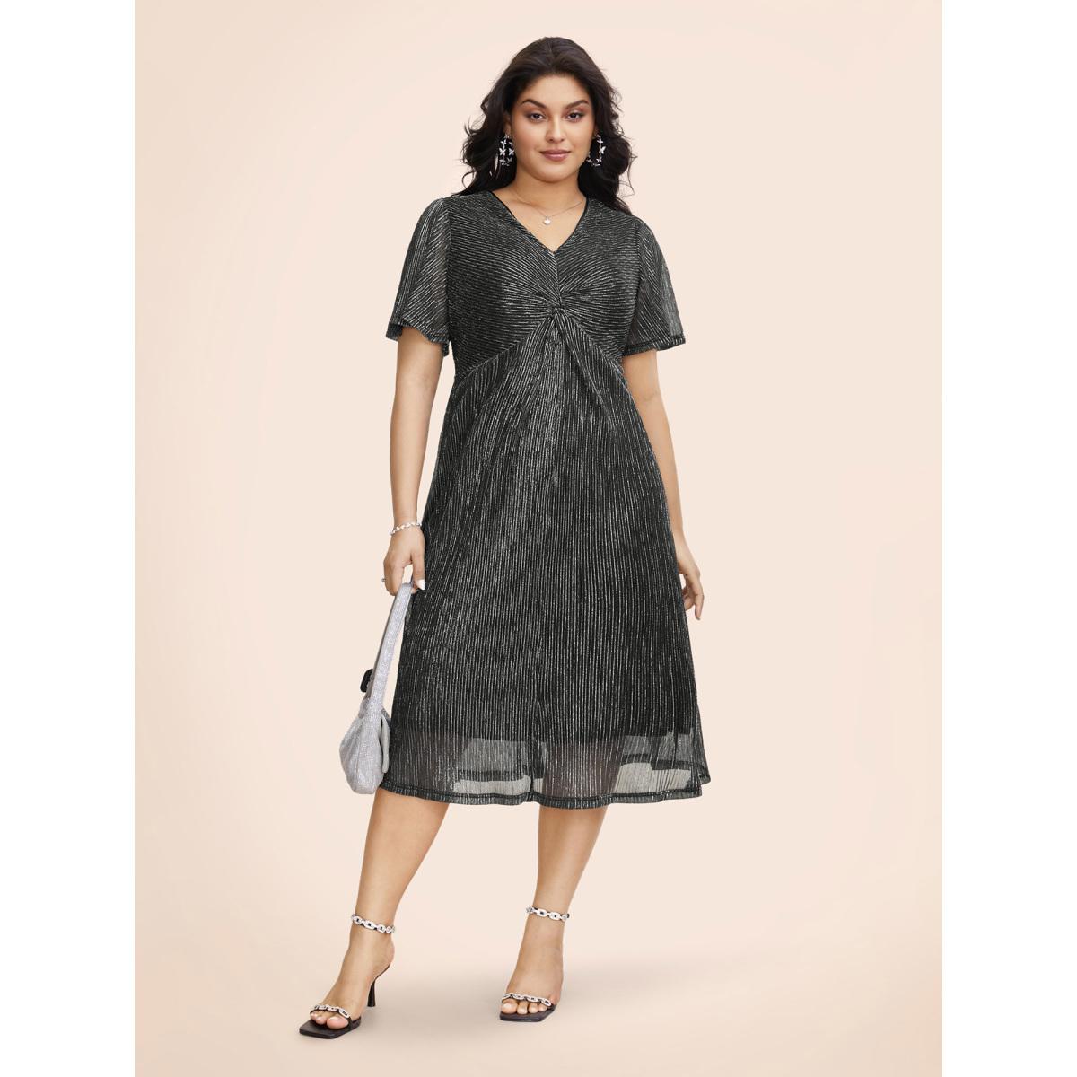 Plus Size Texture Twist Front See Through Dress Black Women Cocktail Twist V-neck Short sleeve Curvy BloomChic 28/5X Product Image
