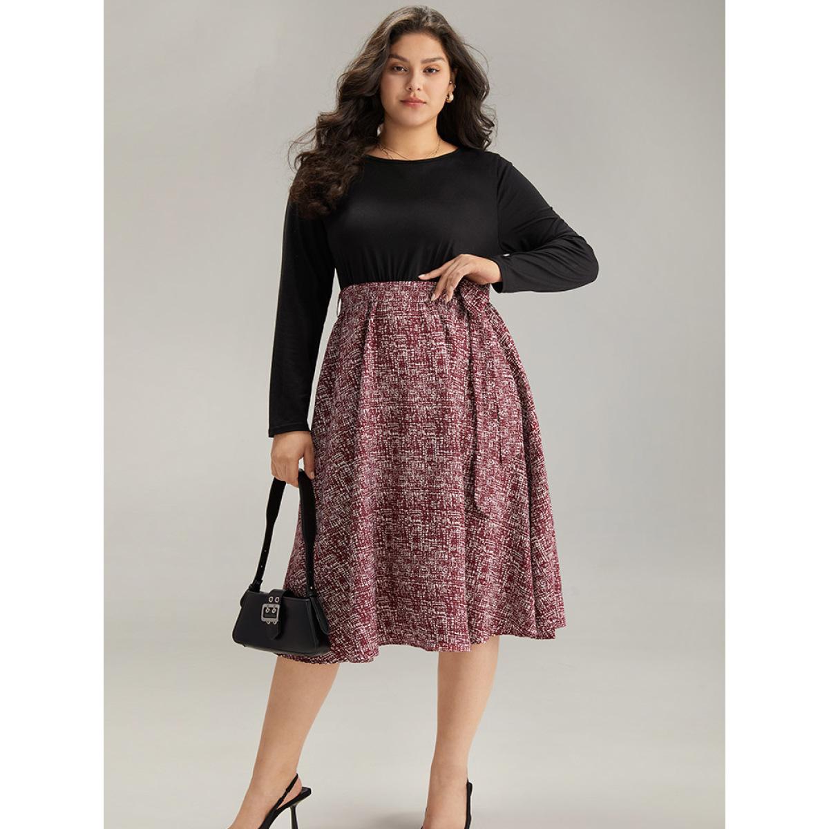 Plus Size Patchwork Contrast Belted Crew Neck Dress Black Women Office Belted Round Neck Long Sleeve Curvy Midi Dress BloomChic 12/L Product Image