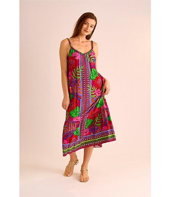 Vince Camuto Woven Printed Braided Scoop Neck Sleeveless Midi Dress Product Image