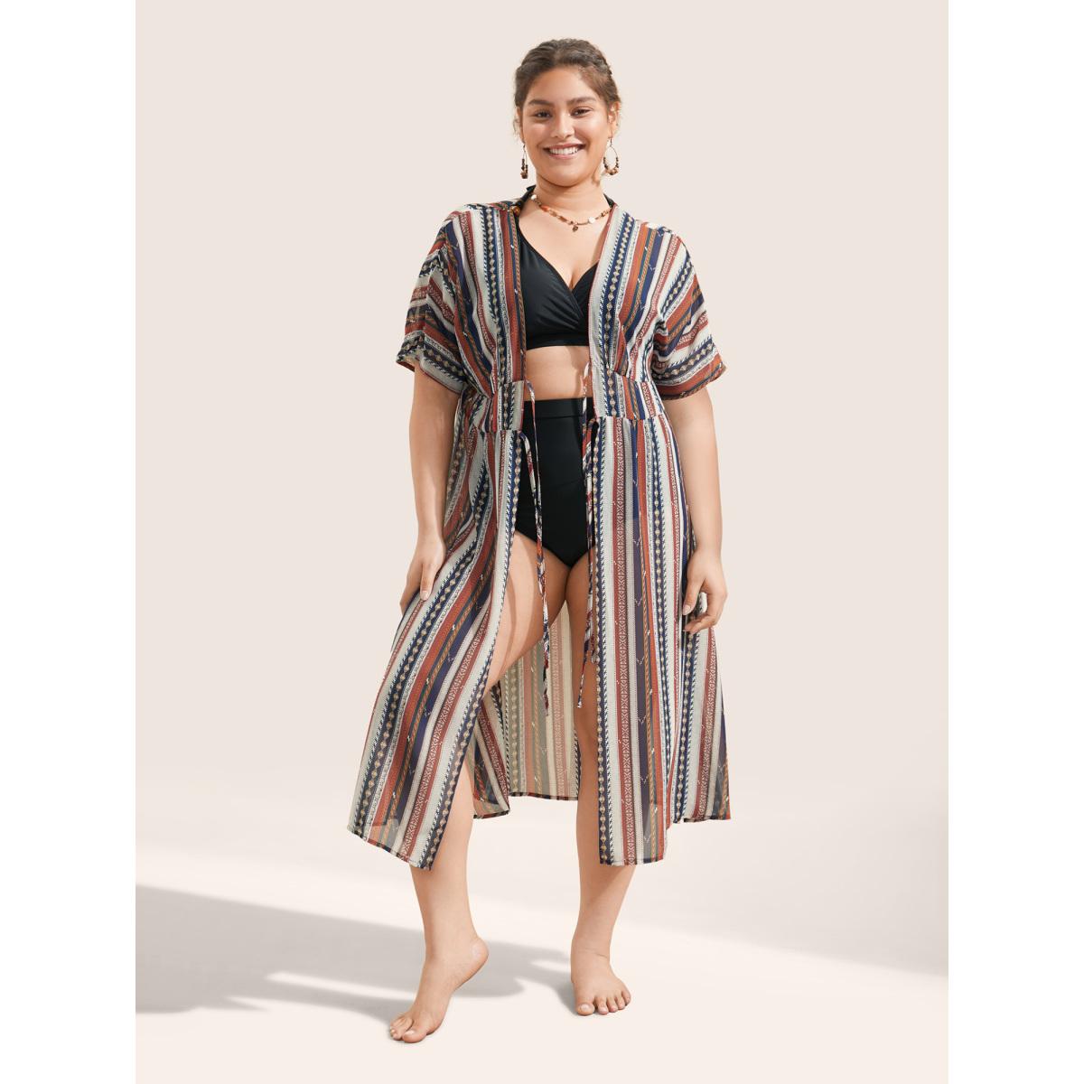 Plus Size Bandana Striped Ties Shirred Elastic Waist Kimono Women DarkBlue Resort Non Vacation Kimonos BloomChic 26/4X Product Image