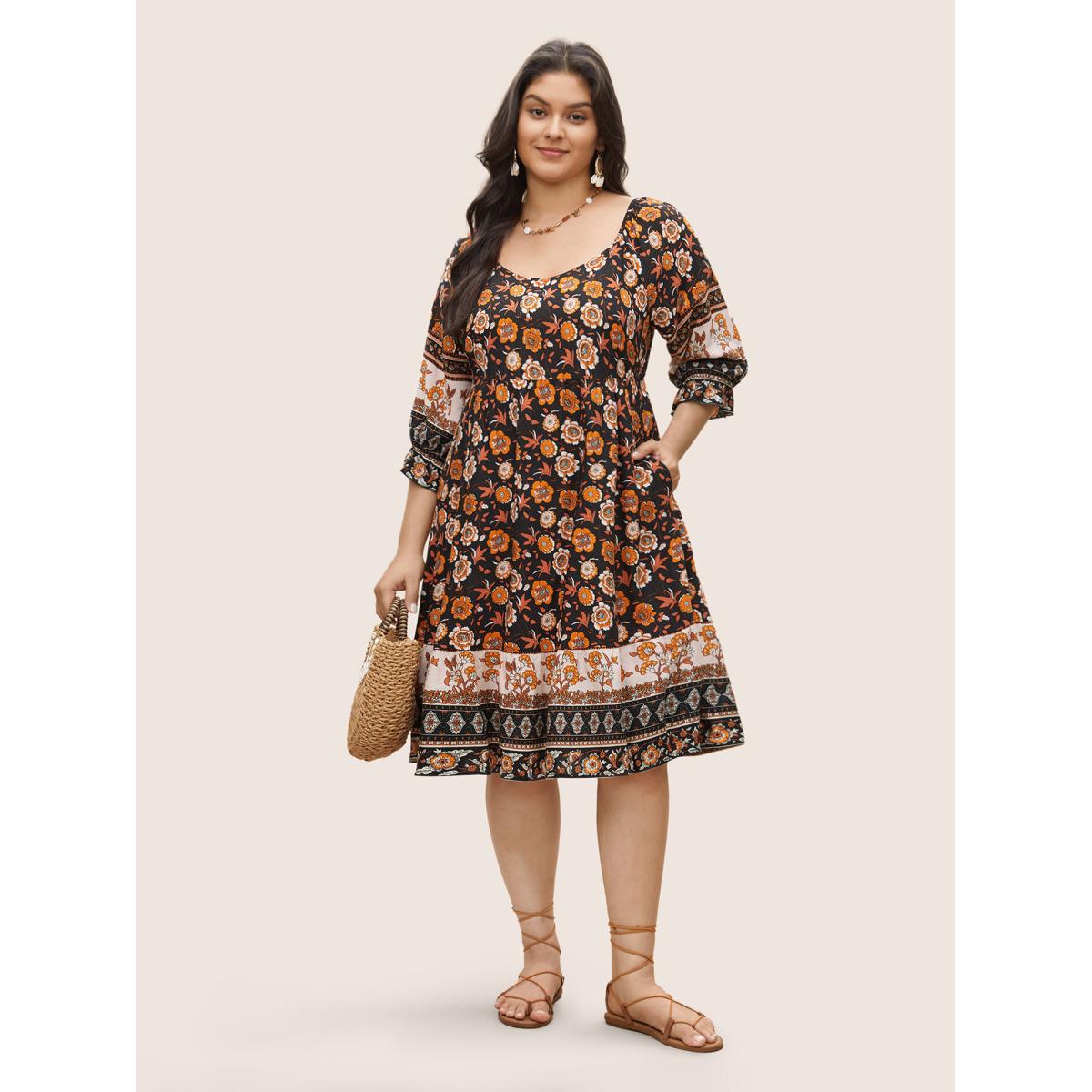 Plus Size Bandana Print Square Neck Pocket Ruffle Sleeve Dress Black Women Resort Non Square Neck Elbow-length sleeve Curvy Midi Dress BloomChic 14-16/1X Product Image