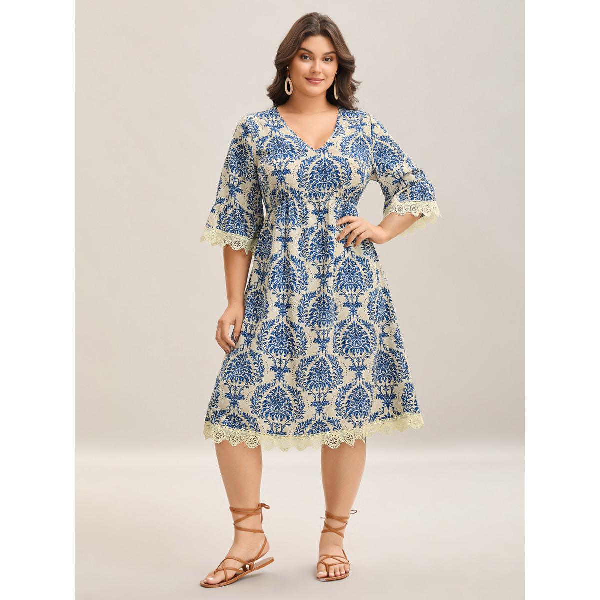 Plus Size Damask Print Lace Detail Midi Dress Mediumblue Women Woven ribbon&lace trim V-neck Elbow-length sleeve Curvy BloomChic 10/M Product Image