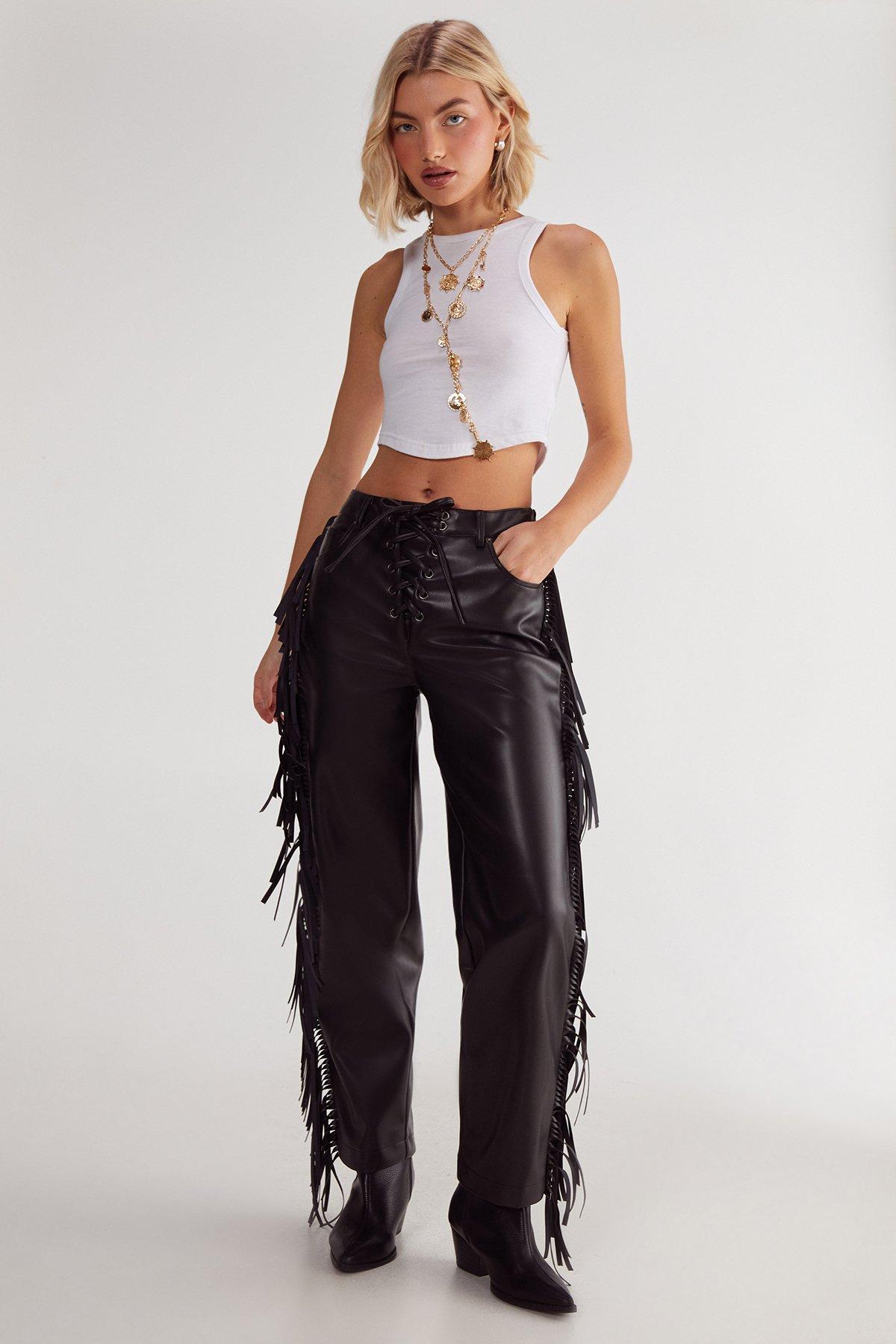 Fringe Faux Leather Trousers Product Image
