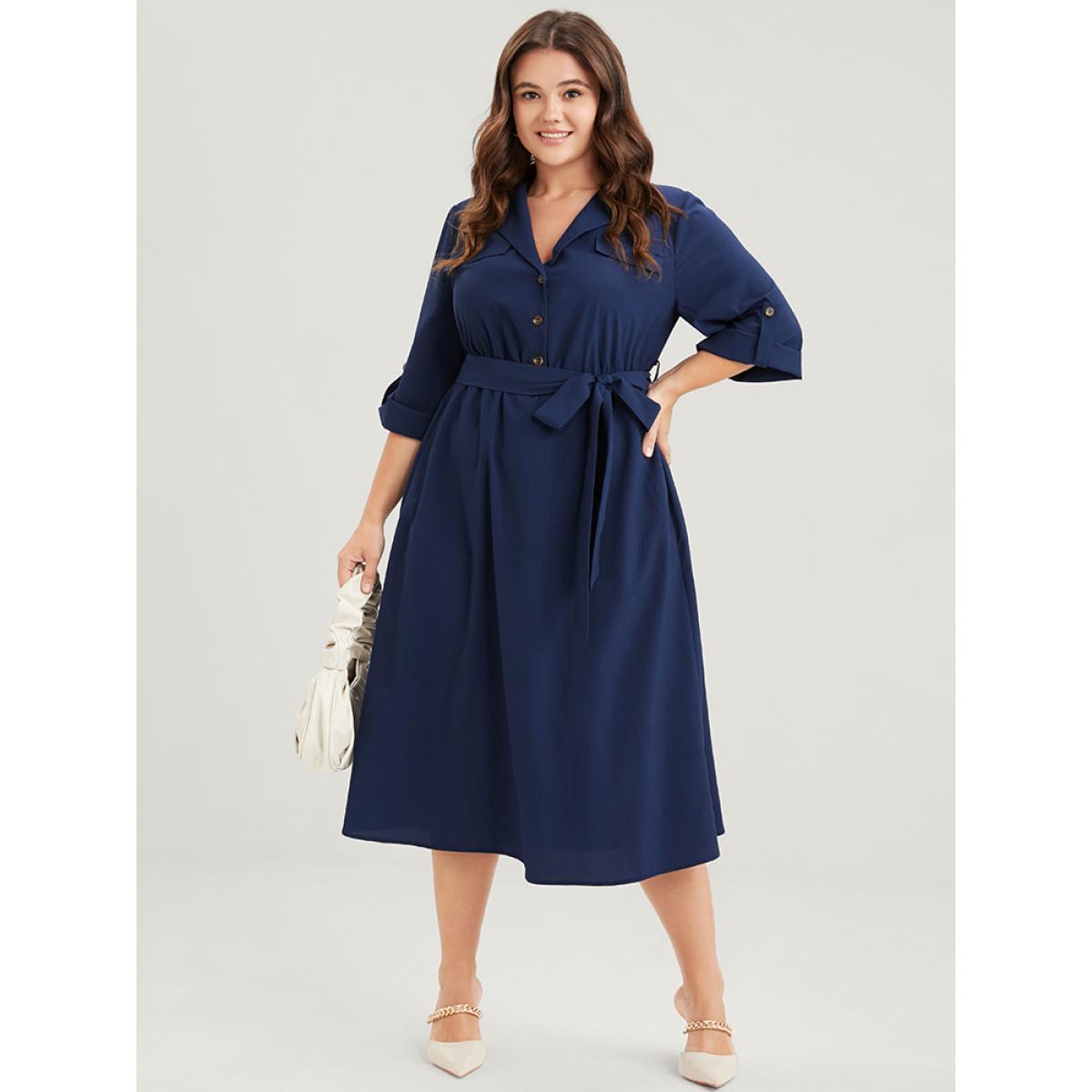 Plus Size Plain Button Cuffed Sleeve Pocket Belted Lapel Collar Dress DarkBlue Women Office Belted Lapel Collar Elbow-length sleeve Curvy Midi Dress BloomChic 26/4X Product Image