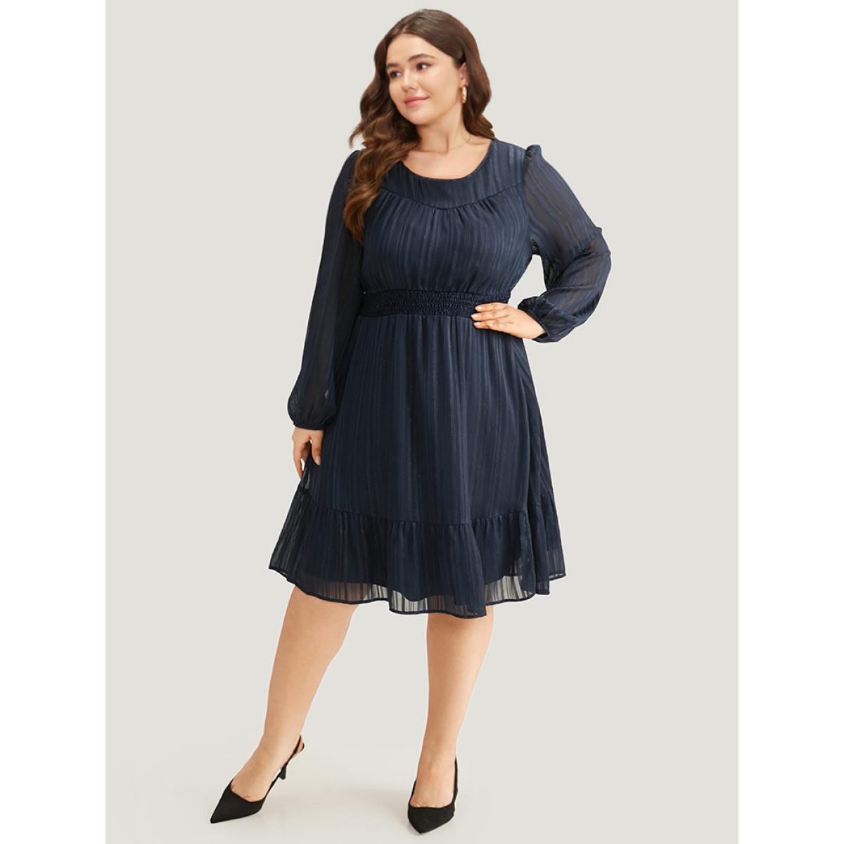 Plus Size Plisse Shirred Pocket Lantern Sleeve Dress DarkBlue Women Elegant Elastic cuffs Round Neck Long Sleeve Curvy Midi Dress BloomChic 30/6X Product Image