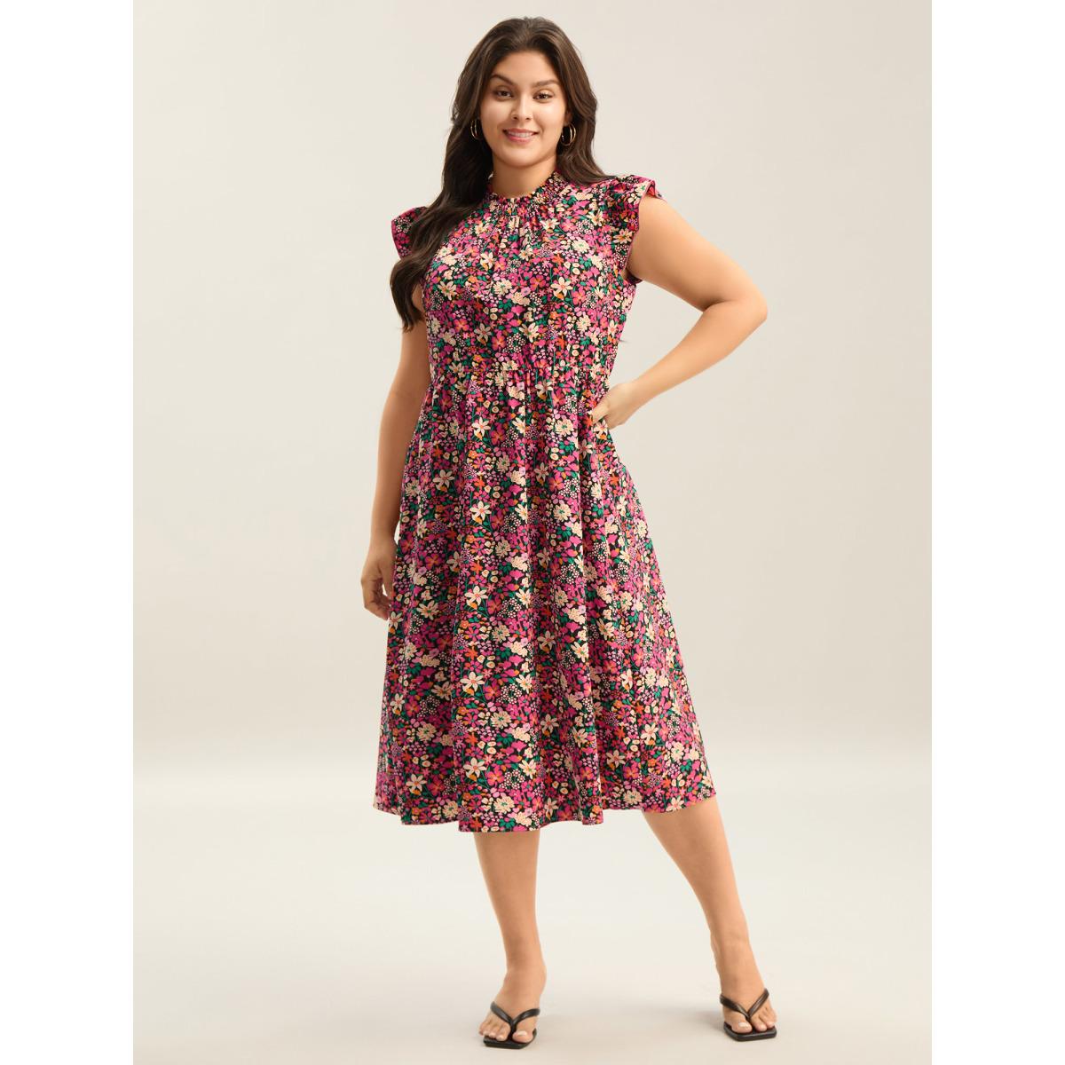 Plus Size Floral Print Shirred Pockets Midi Dress BlackFlower Women Romantic Frill Trim Mock Neck Cap Sleeve Curvy BloomChic 10/M Product Image