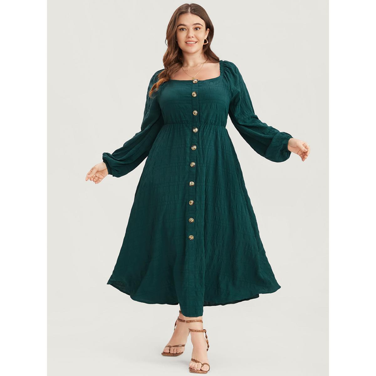 Plus Size Solid Pocket Lantern Sleeve Textured Button Up Square Neck Dress DarkGreen Women Elegant Square Neck Long Sleeve Curvy Midi Dress BloomChic 18-20/2X Product Image