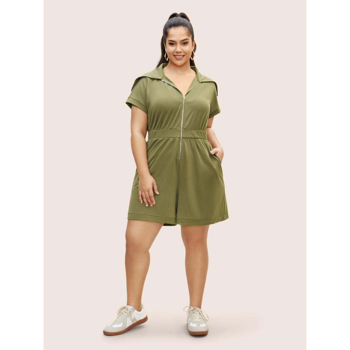 Plus Size Moss Plain Sailor Collar Half Zip Jumpsuit Women Casual Cap Sleeve Sailor Collar Everyday Loose Jumpsuits BloomChic 18-20/2X Product Image