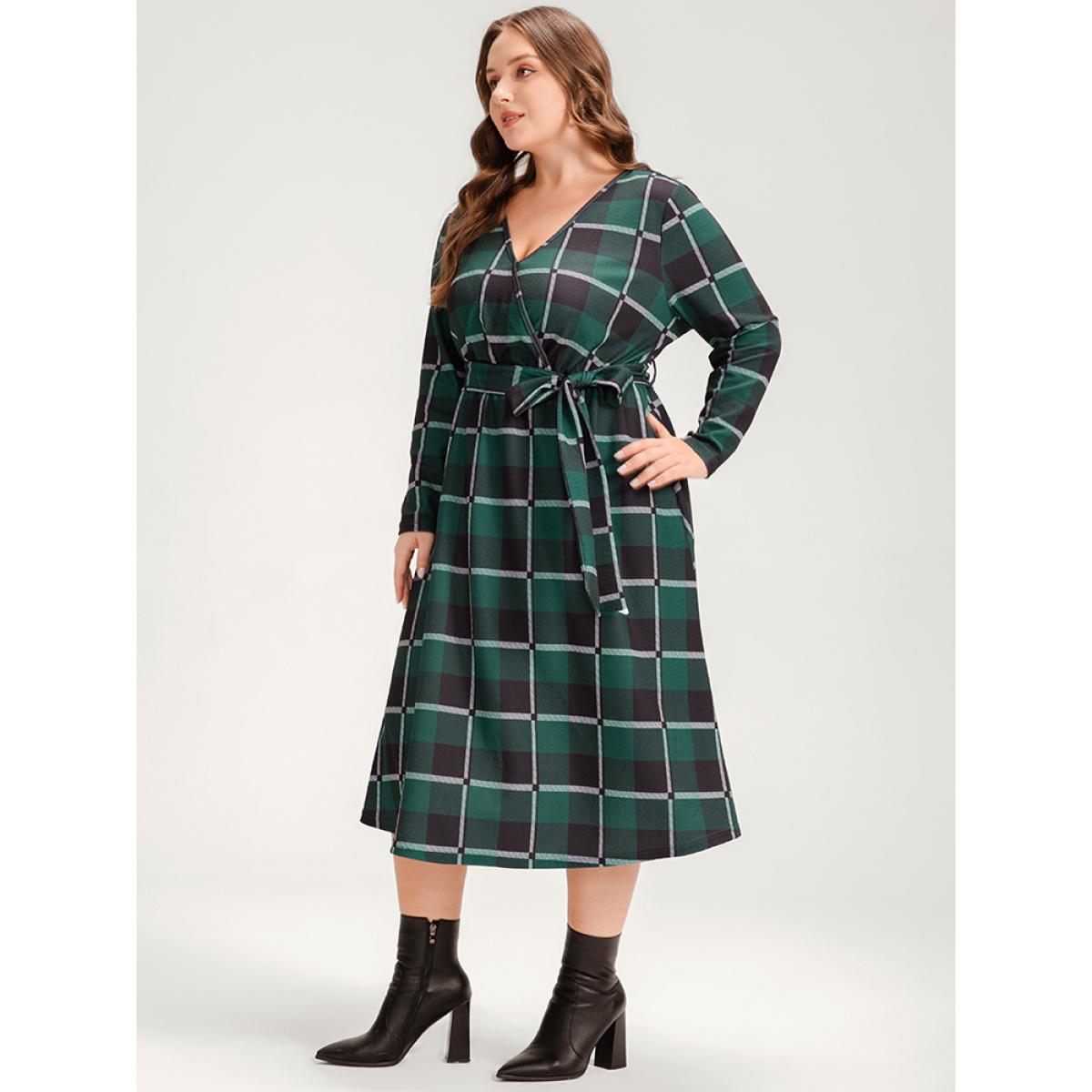 Plus Size Plaid Surplice Neck Pocket Belted Midi Dress Green Women Casual Cross straps V-neck Long Sleeve Curvy Midi Dress BloomChic 10/M Product Image