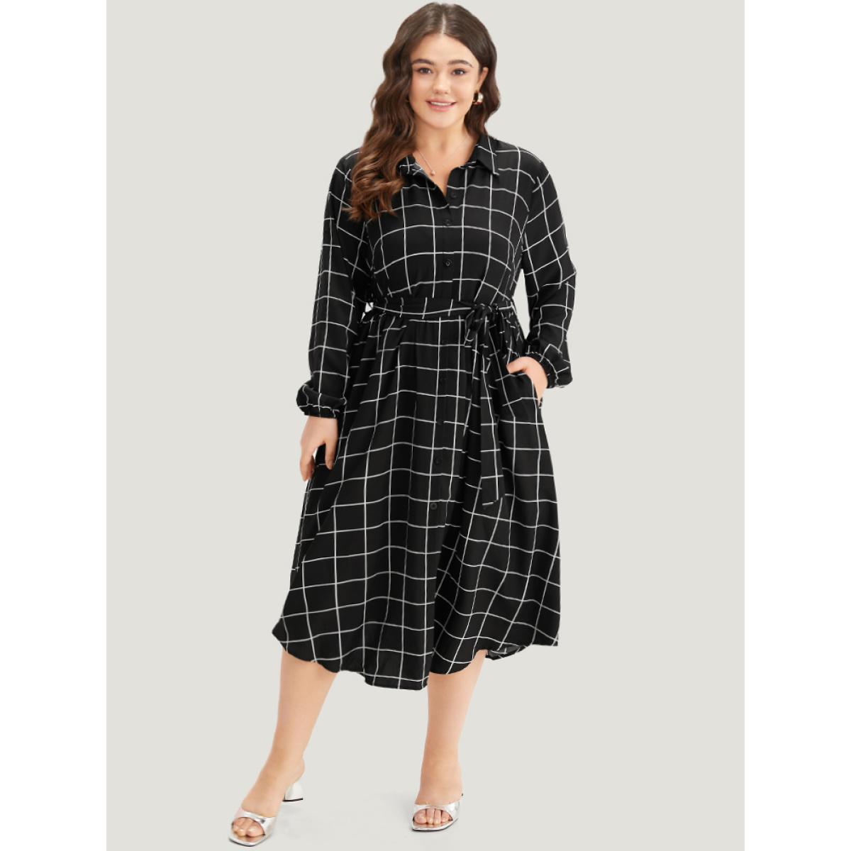 Plus Size Plaid Shirt Collar Belted Lantern Sleeve Dress Black Women At the Office Elastic cuffs Shirt collar Long Sleeve Curvy Midi Dress BloomChic 14-16/1X Product Image