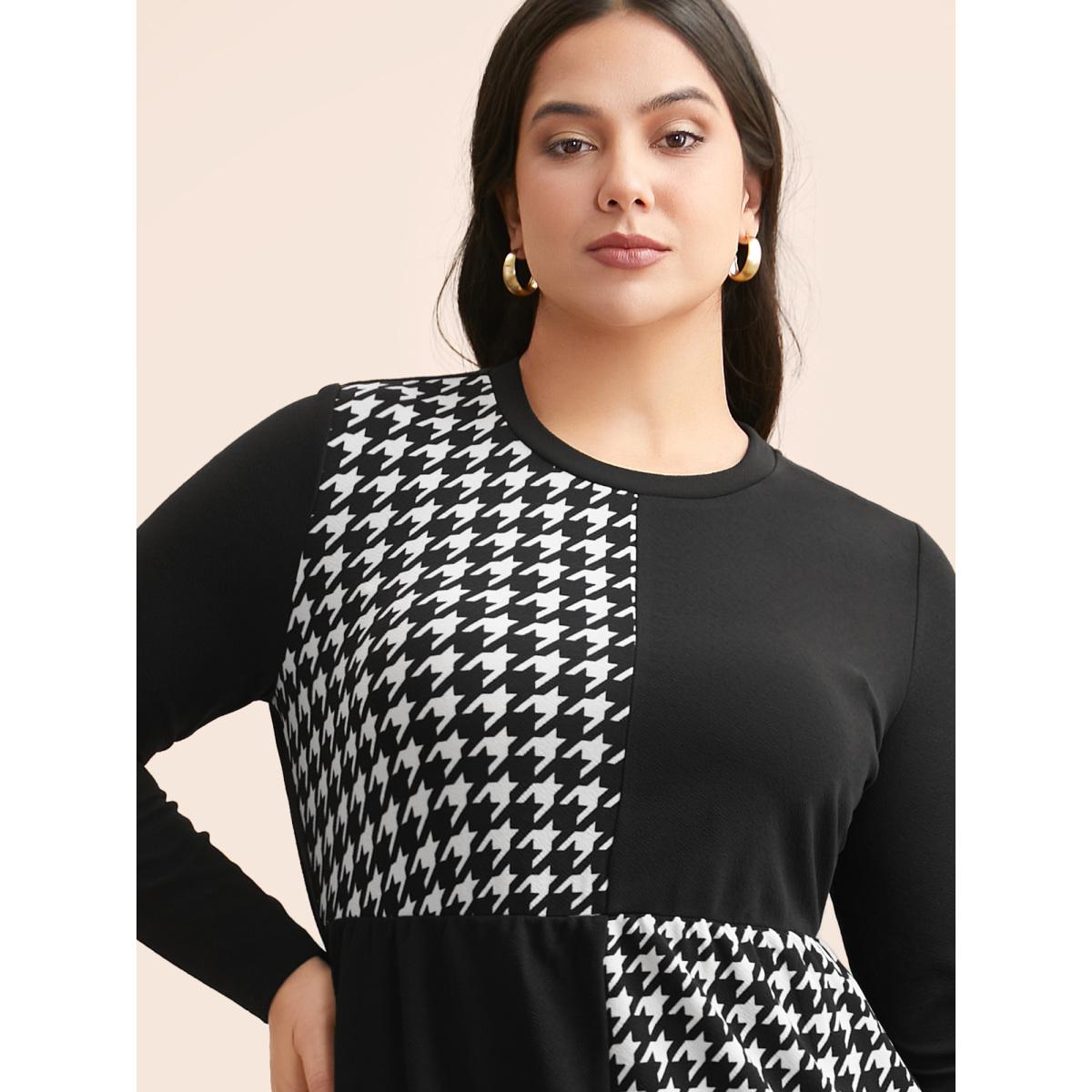 Plus Size Houndstooth Patchwork Elastic Waist Dress Black Women At the Office Patchwork Round Neck Long Sleeve Curvy BloomChic 22-24/3X Product Image