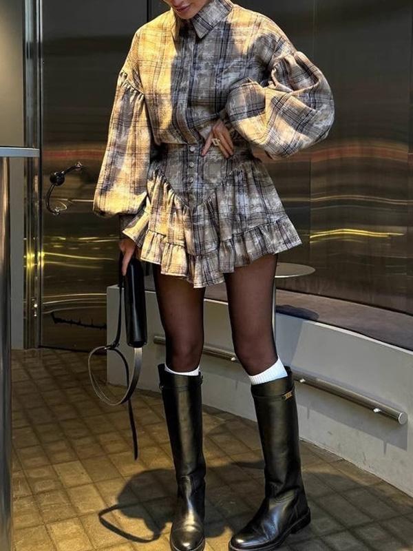 Loose Plaid Puff Sleeves Split-Joint Lapel Blouse + Pleated Ruffled Miniskirts Two Pieces Set Product Image