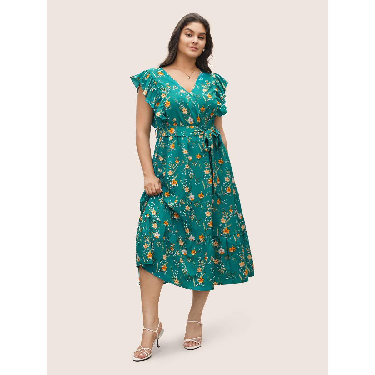 Plus Size Ditsy Floral Flutter Trim Pocket Layered Hem Dress Teal Women Elegant Non Overlap Collar Cap Sleeve Curvy Midi Dress BloomChic 30/6X Product Image