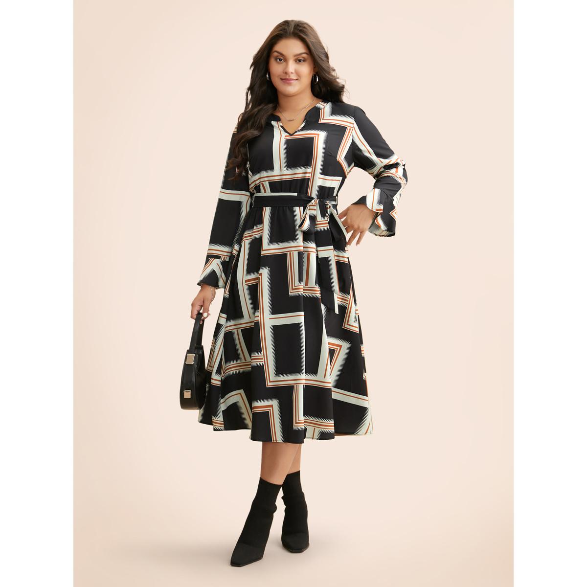 Plus Size Notched Collar Geometric Contrast Belted Dress Indigo Women At the Office Belted Notched collar Long Sleeve Curvy BloomChic 28/5X Product Image