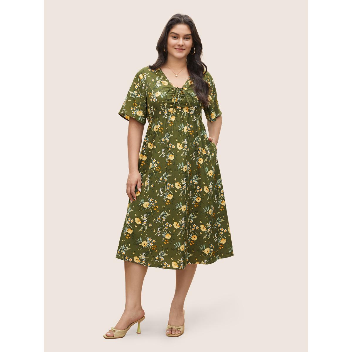 Plus Size Floral Elastic Waist Drawstring Pocket Dress Moss Women Elegant Non V-neck Short sleeve Curvy Midi Dress BloomChic 10/M Product Image