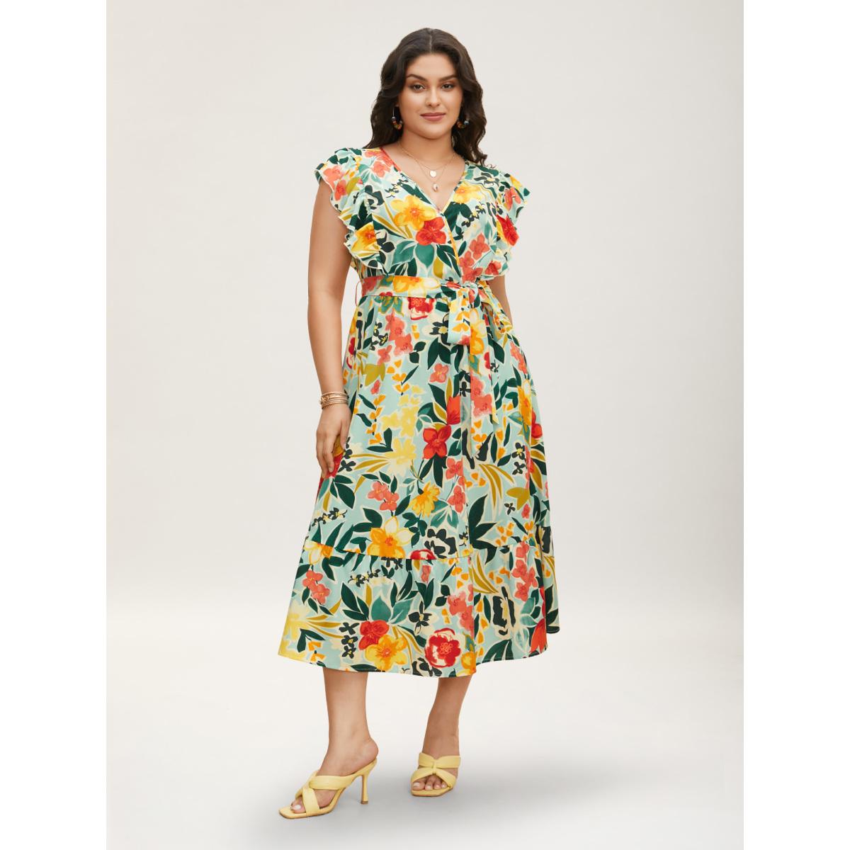 Plus Size Floral Wrap Patchwork Ruffle Cap Sleeve Dress LightBlue Women Resort Belted V-neck Cap Sleeve Curvy BloomChic 22-24/3X Product Image