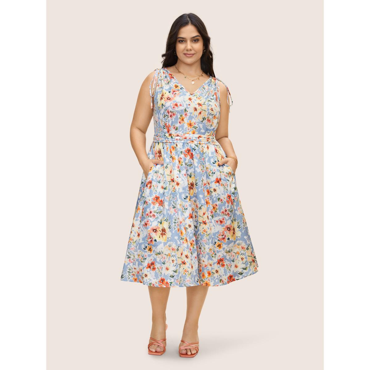 Plus Size Floral Pleated Drawstring Sleeveless Midi Dress Ivory Women Elegant Pleated V-neck Sleeveless Curvy BloomChic 12/L Product Image