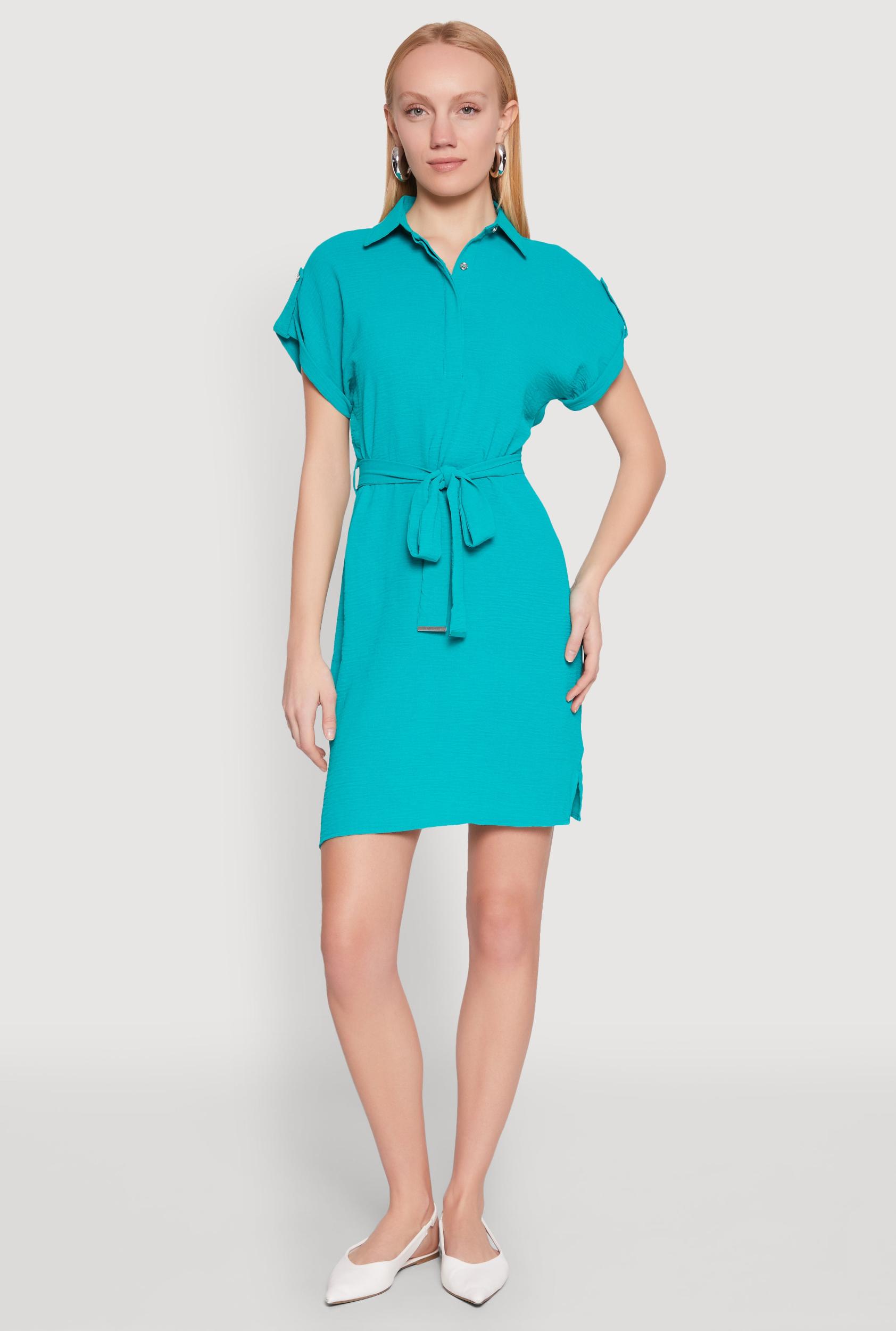 Womens Crepe Knit Tie Waist Belted Shirt Dress Product Image