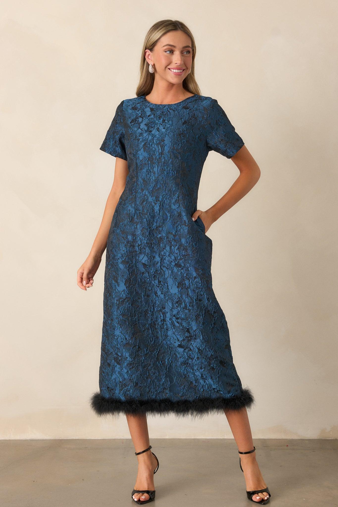 Glamour in Motion Dark Teal Jacquard Midi Dress Product Image
