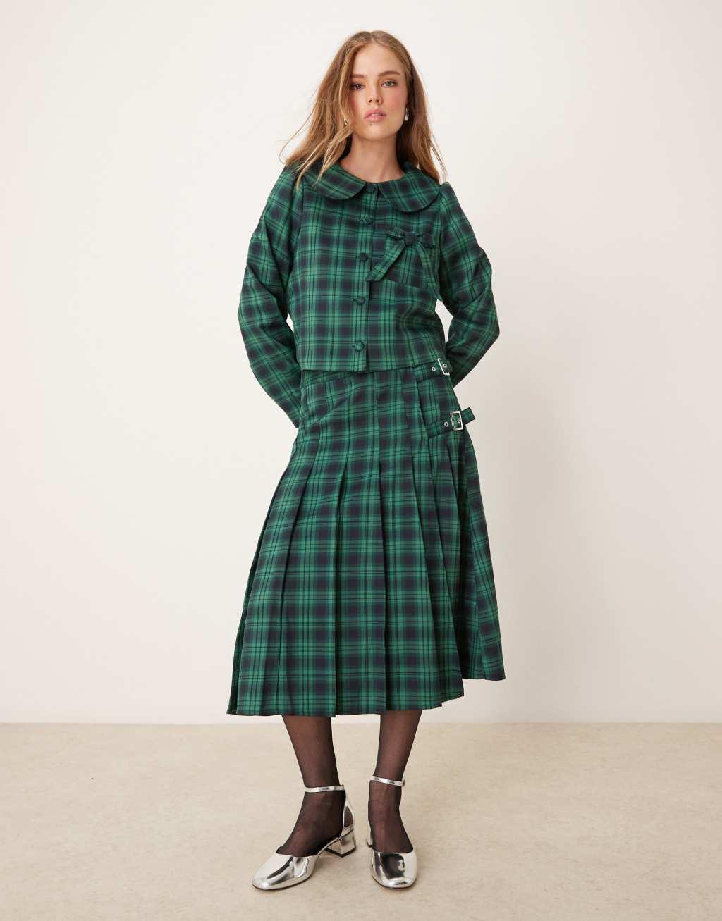 Neon Rose tartan midi kilt skirt in navy - part of a set Product Image