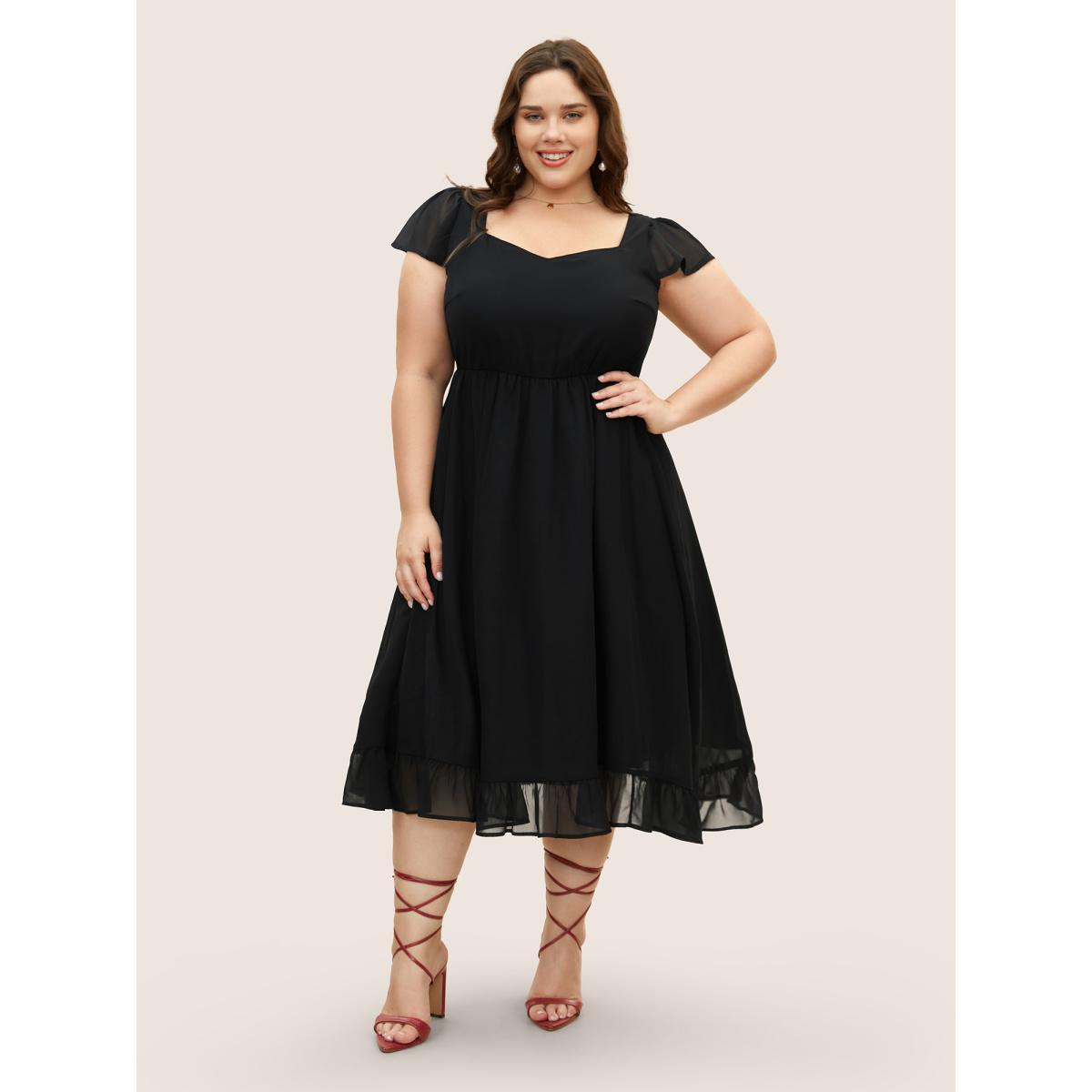 Plus Size Mesh Patchwork Ruffle Cap Sleeve Midi Dress Black Women Elegant See through Heart neckline Cap Sleeve Curvy BloomChic 22-24/3X Product Image