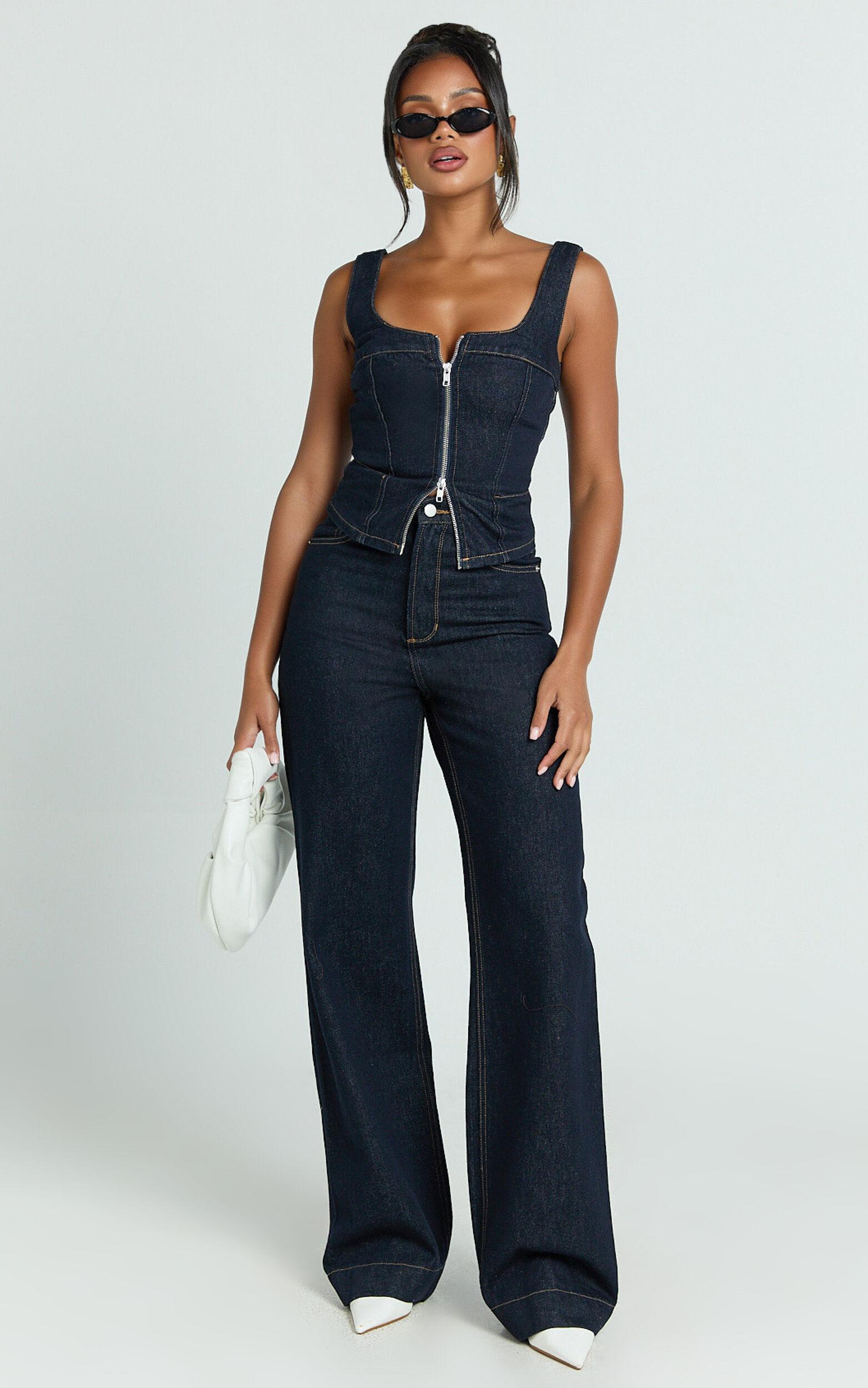 Emman Jeans - High Waisted Cotton Wide Leg Denim Jeans in Raw Denim with Tobacco Stitch Product Image