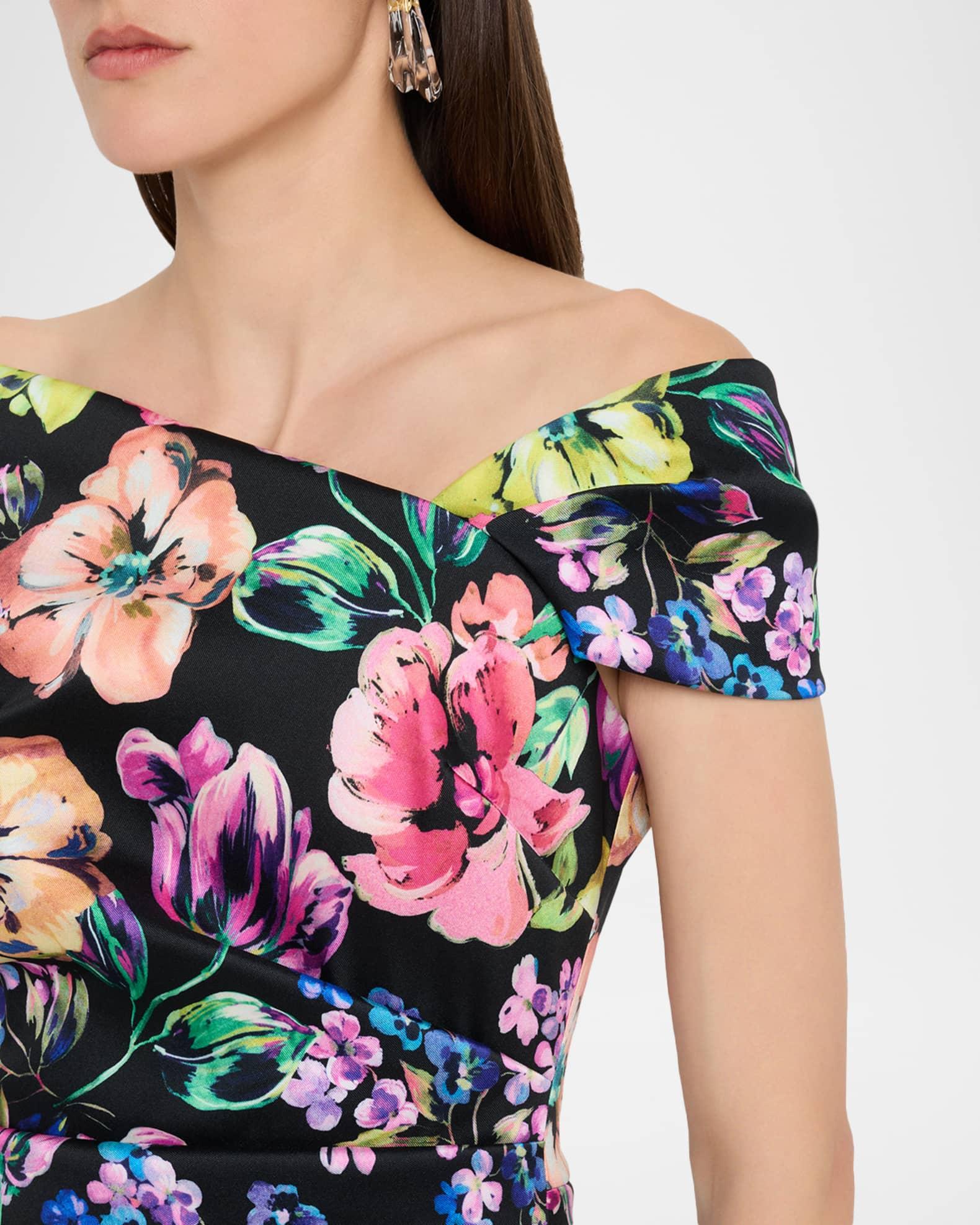 Pleated Floral-Print Stretch Gazar Dress Product Image