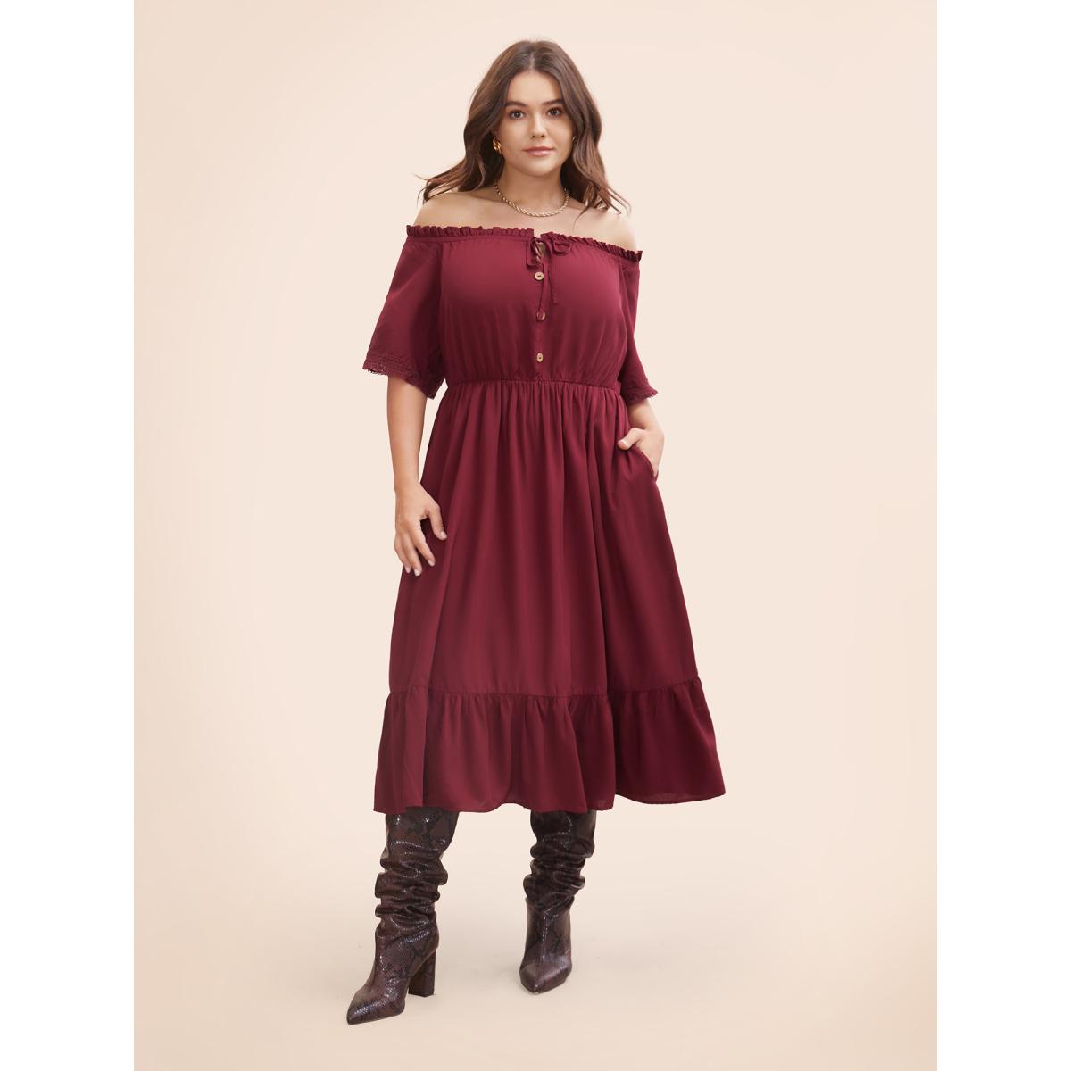 Plus Size Plain Off Shoulder Lace Trim Ruffle Hem Dress Burgundy Women Resort Woven ribbon&lace trim One-shoulder neck Half Sleeve Curvy BloomChic 28/5X Product Image