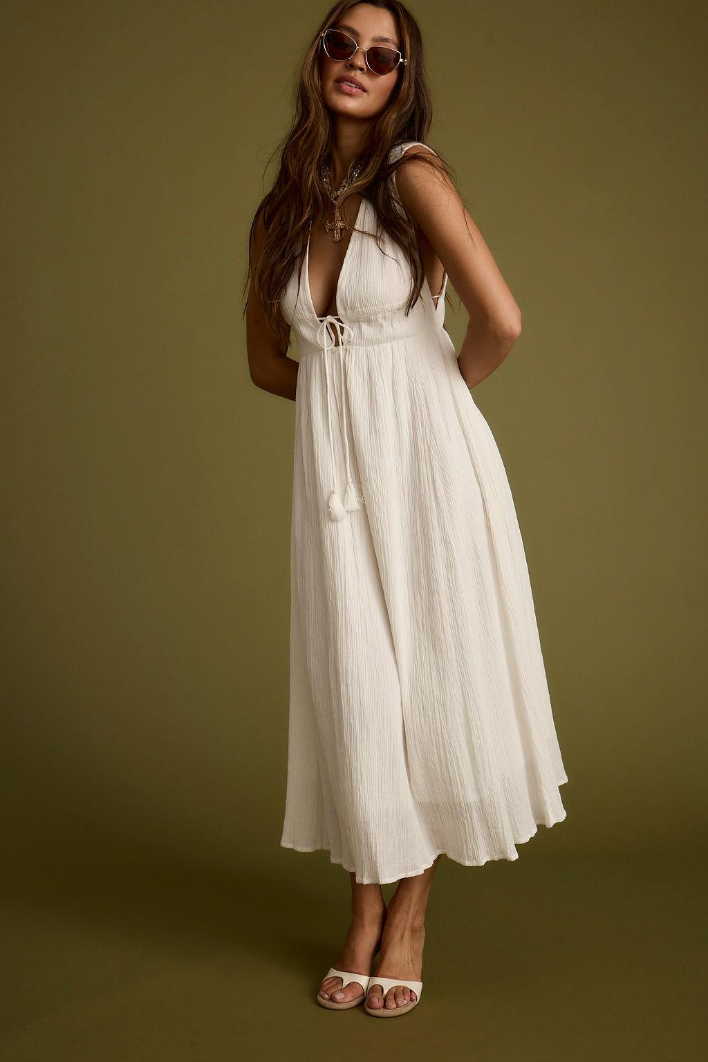 Turks Plunge White Gauze Maxi Dress Product Image
