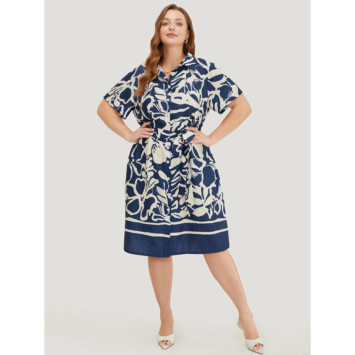 Plus Size Geometric Print Flutter Pocket Belt Shirt Collar Dress DarkBlue Women Elegant Lapel Collar Short sleeve Curvy Knee Dress BloomChic 30/6X Product Image