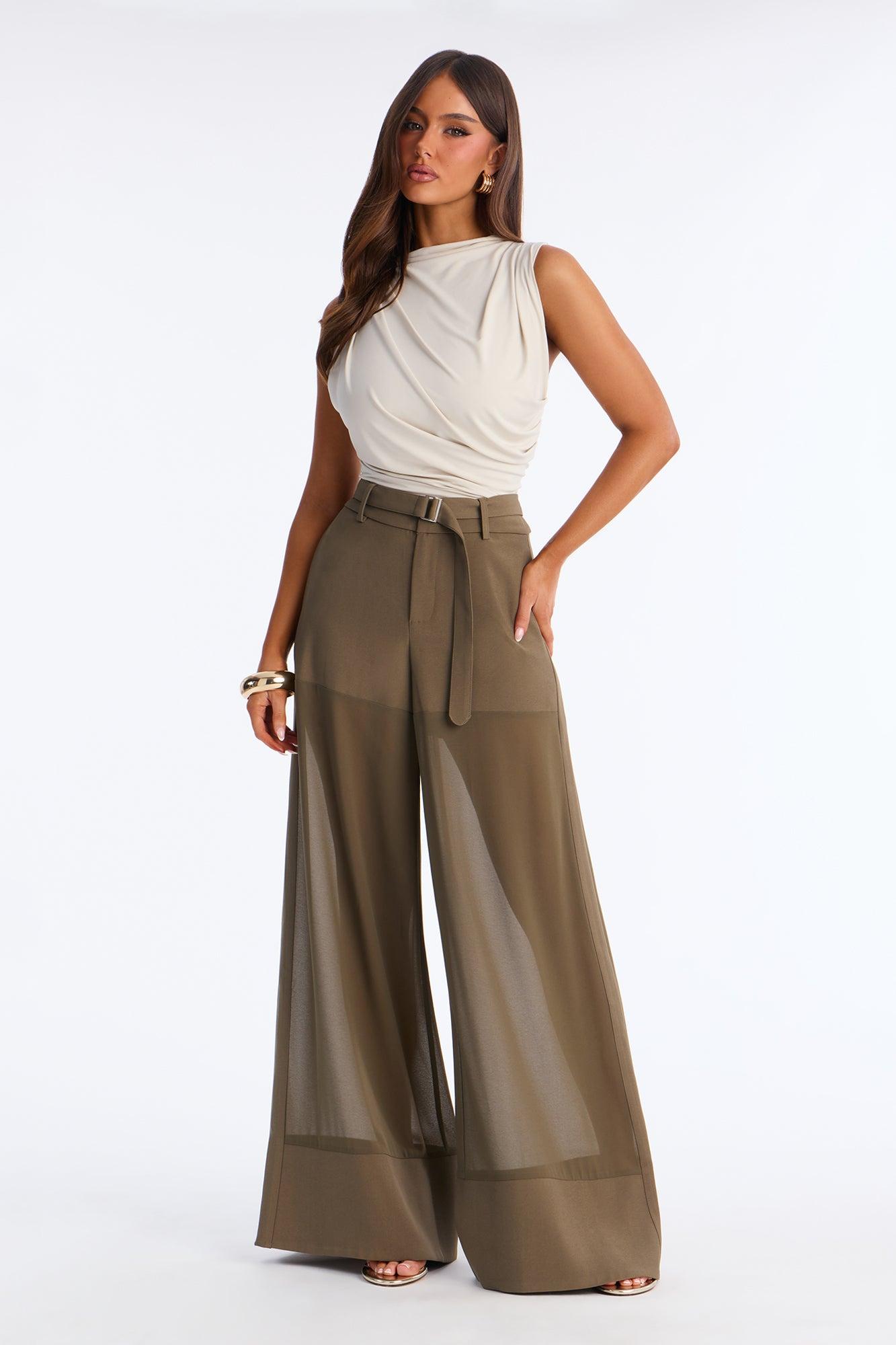 Irma Chiffon Wide Leg Pant 32″ - Military Green Female Product Image