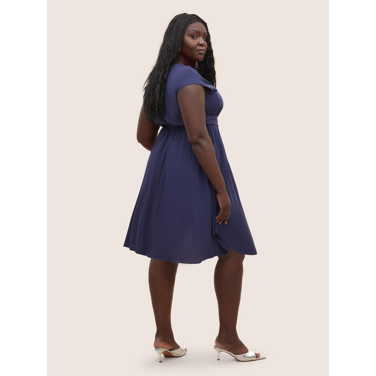 Plus Size Supersoft Essentials Solid Belted Zipper Dress Navy Women At the Office Non Notched collar Sleeveless Curvy Midi Dress BloomChic 30/6X Product Image