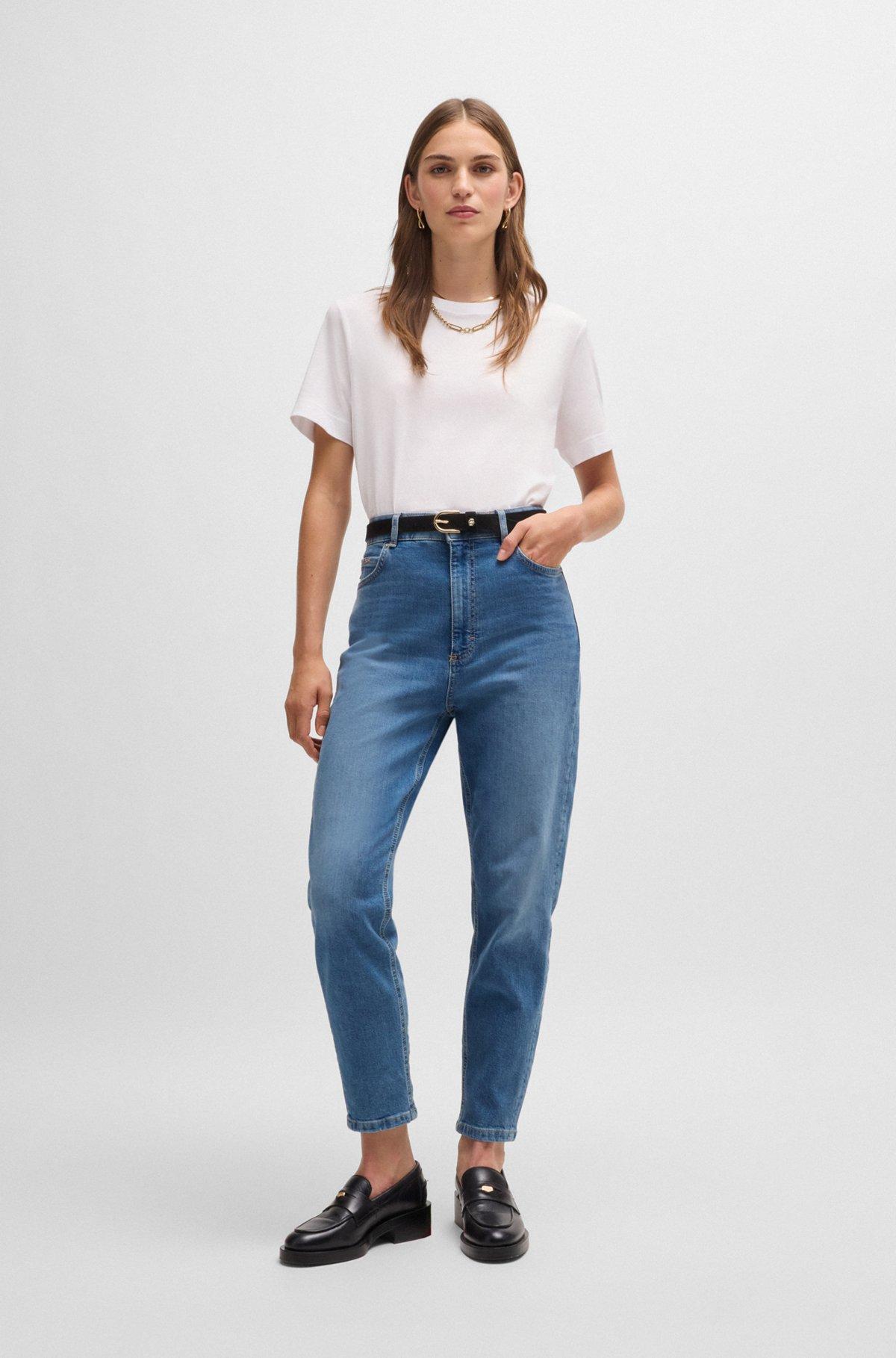 High-waisted cropped jeans in blue comfort-stretch denim Product Image