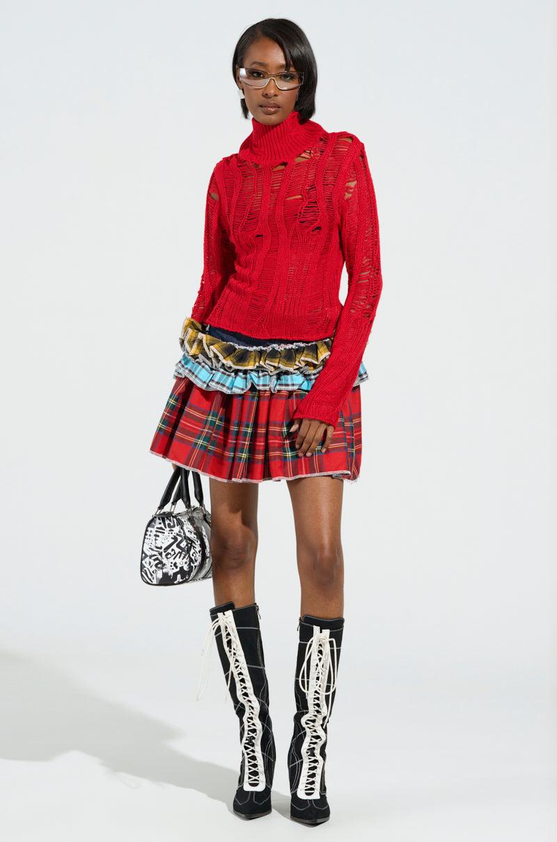 SEXY LOOSE WEAVE HIGH NECK SWEATER IN RED Product Image