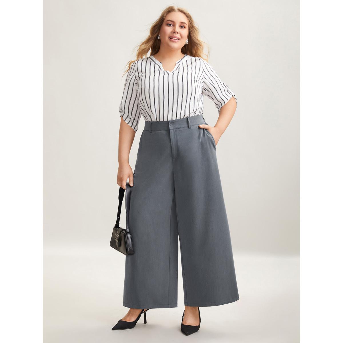 Plus Size Heathered Stretchy Waist Wide-Leg Pants Women DimGray At the Office Wide Leg Mid Rise Work Pants BloomChic 12/L Product Image