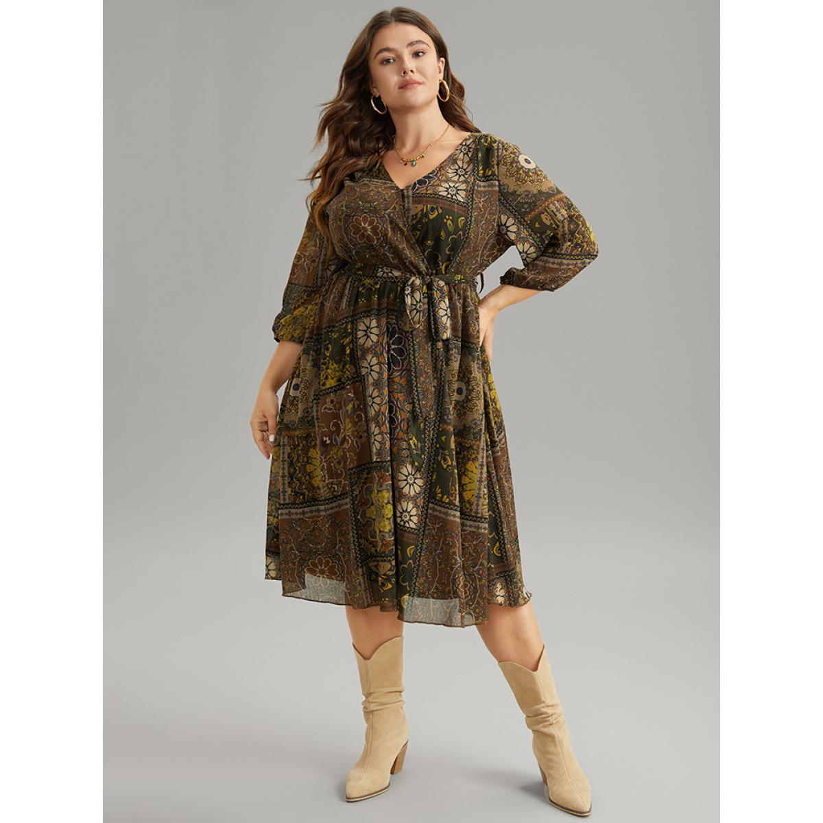 Plus Size Boho Print Wrap Elastic Waist Belted Dress LightBrown Women Vacation Elastic cuffs V-neck Elbow-length sleeve Curvy Midi Dress BloomChic 14-16/1X Product Image