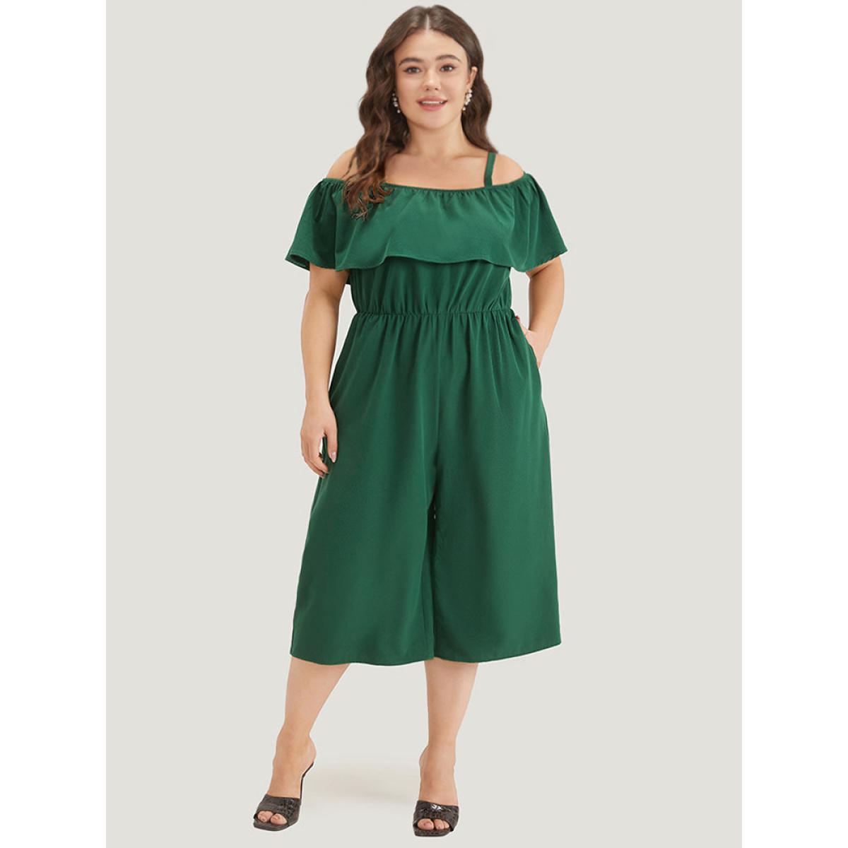 Plus Size Green Off Shoulder Ruffles Pocket Elastic Waist Cami Jumpsuit Women Elegant Half Sleeve One-shoulder neck Dailywear Loose Jumpsuits BloomChic 18-20/2X Product Image