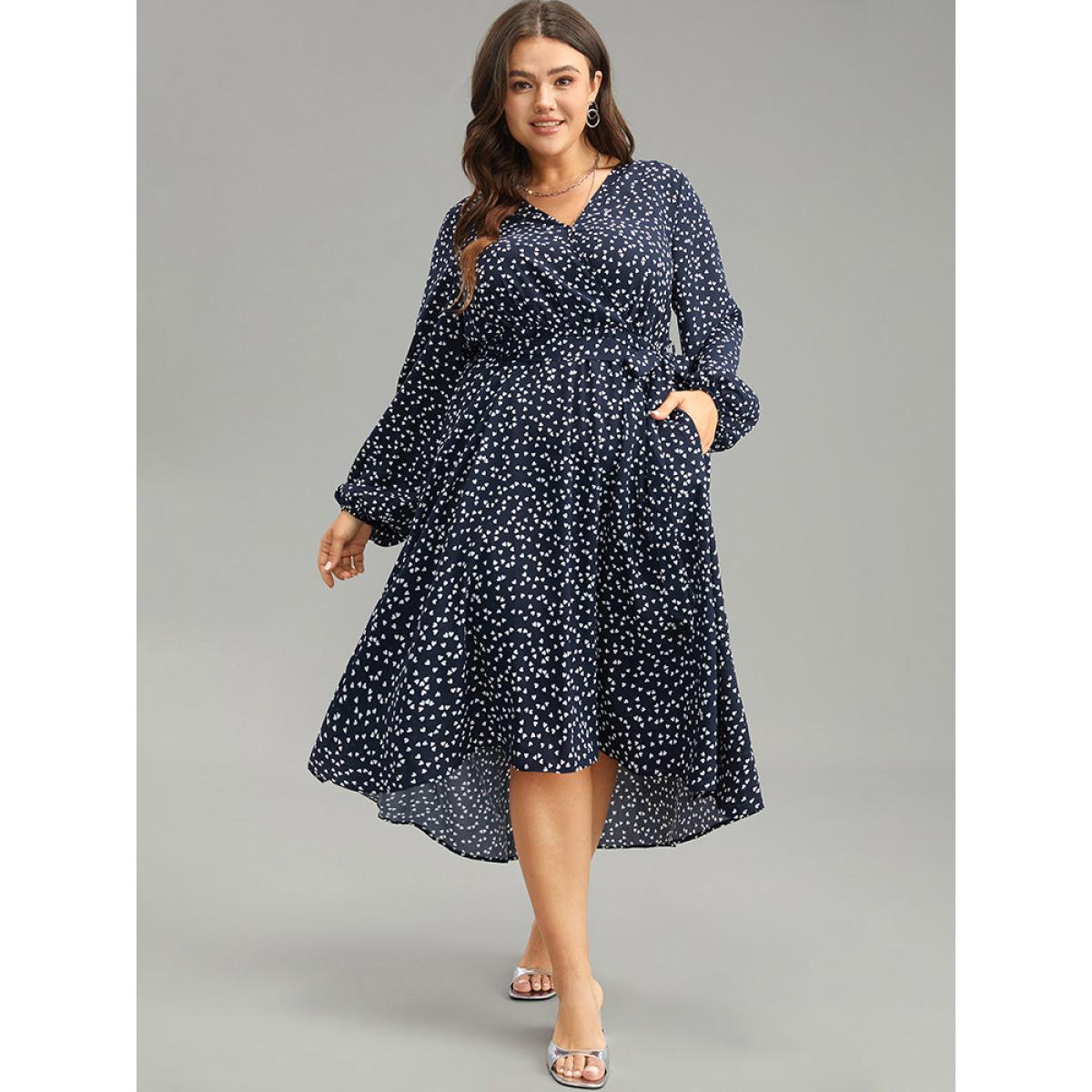 Plus Size Heart Print Belted Surplice Neck Dress DarkBlue Women Elegant Elastic cuffs V-neck Long Sleeve Curvy Midi Dress BloomChic 30/6X Product Image