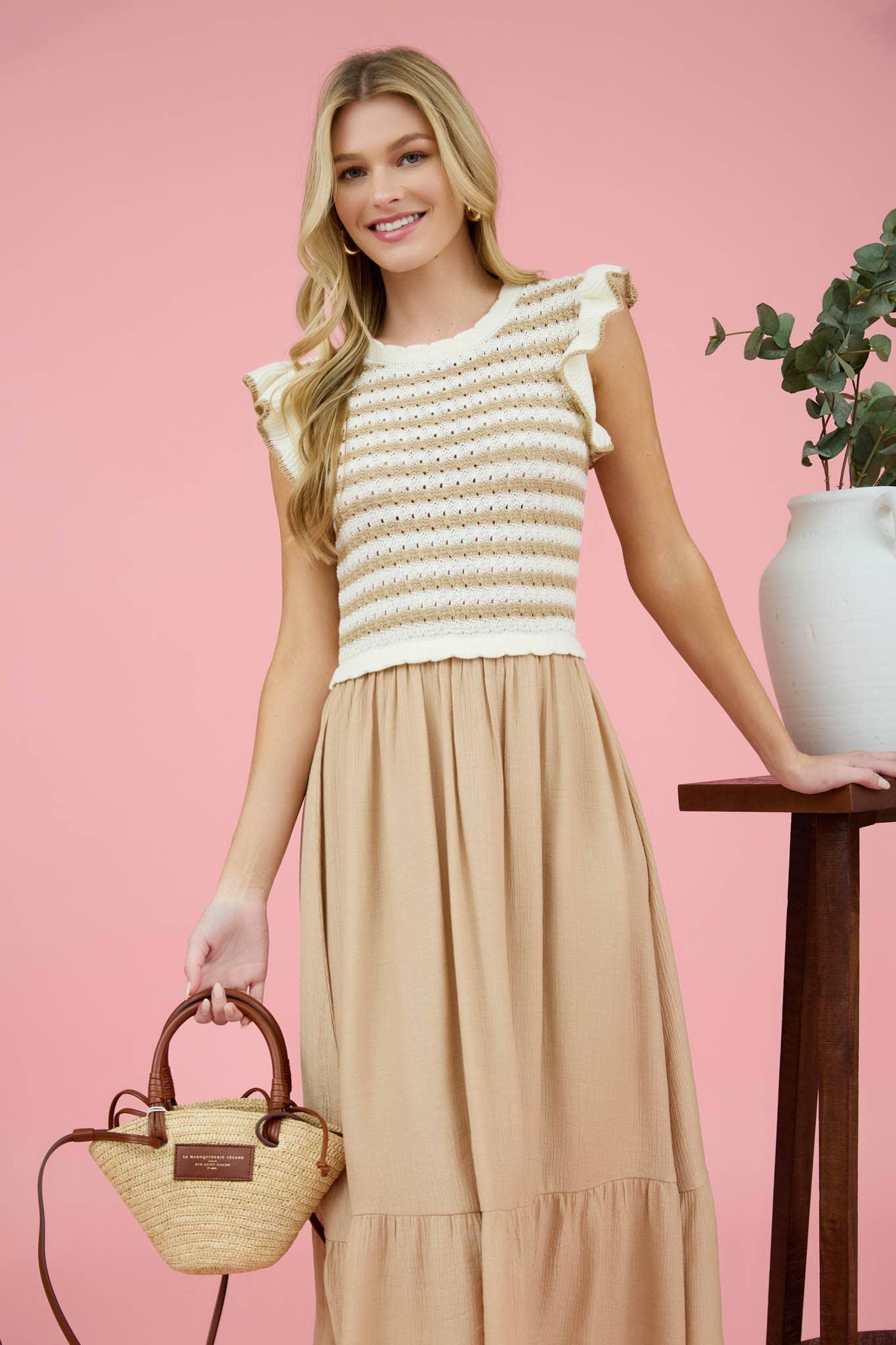 STRIPE SWEATER TOP MIXED MEDIA MIDI DRESS: NAVY Product Image