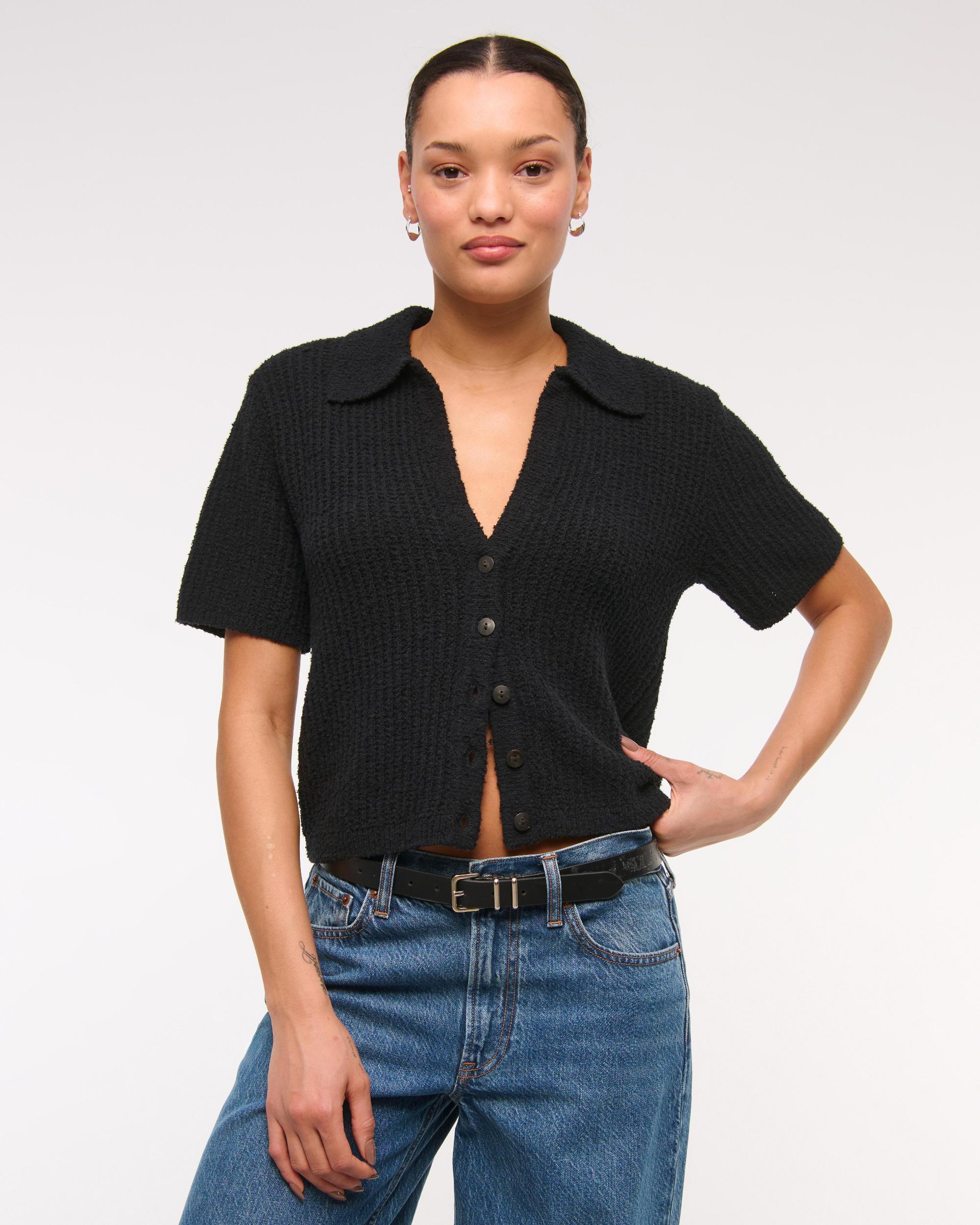 Short-Sleeve Crochet-Style Polo Product Image