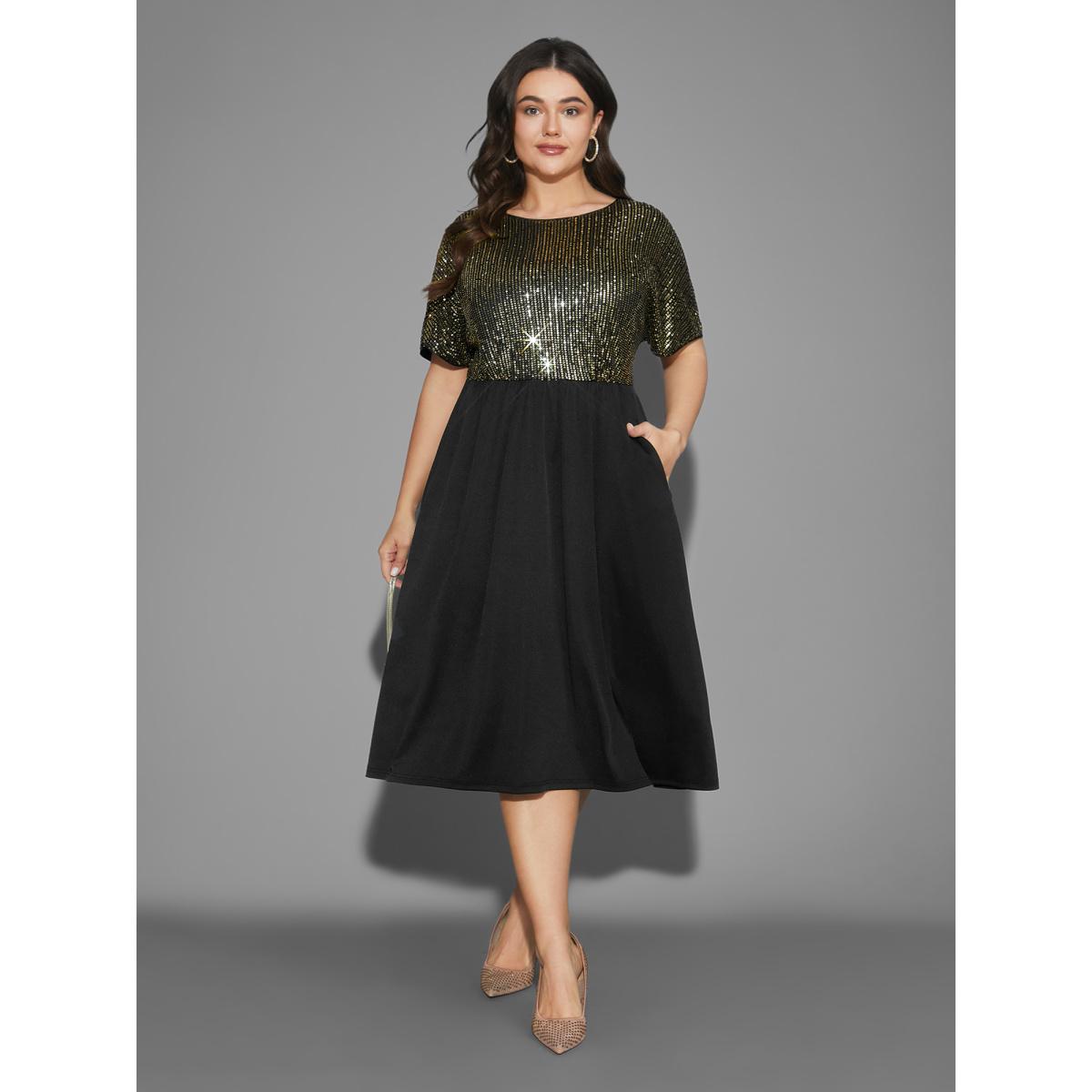 Plus Size Sequin Patchwork Dolman Sleeve Dress Black Women Cocktail Texture Party Curvy Bloomchic 26/4X Product Image